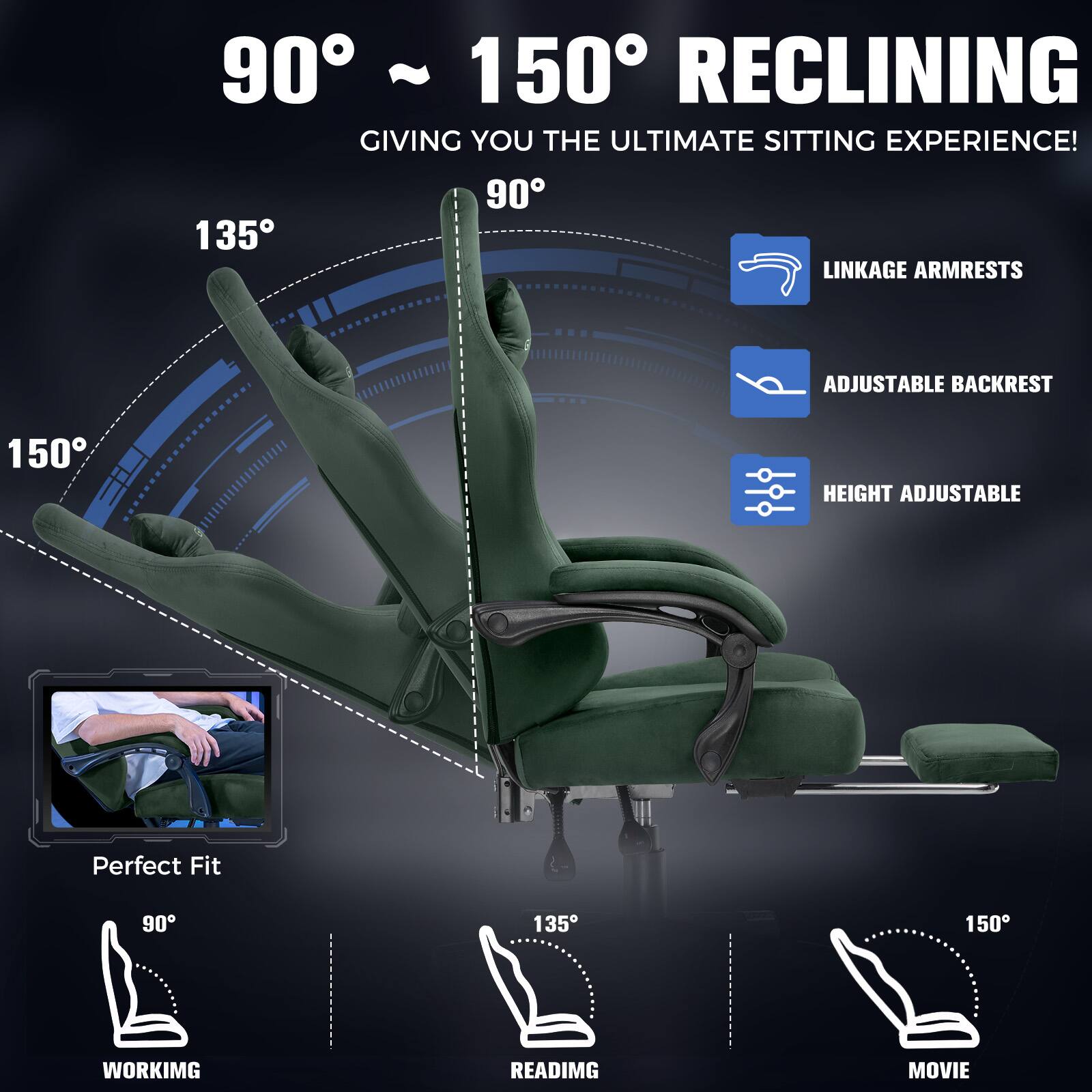 90° ~ 150° RECLINING GIVING YOU THE ULTIMATE SITTING EXPERIENCE! 90° 135° 150° LINKAGE ARMRESTS ADJUSTABLE BACKREST HEIGHT ADJUSTABLE Perfect Fit 90° 135° 150° WORKING READING MOVIE