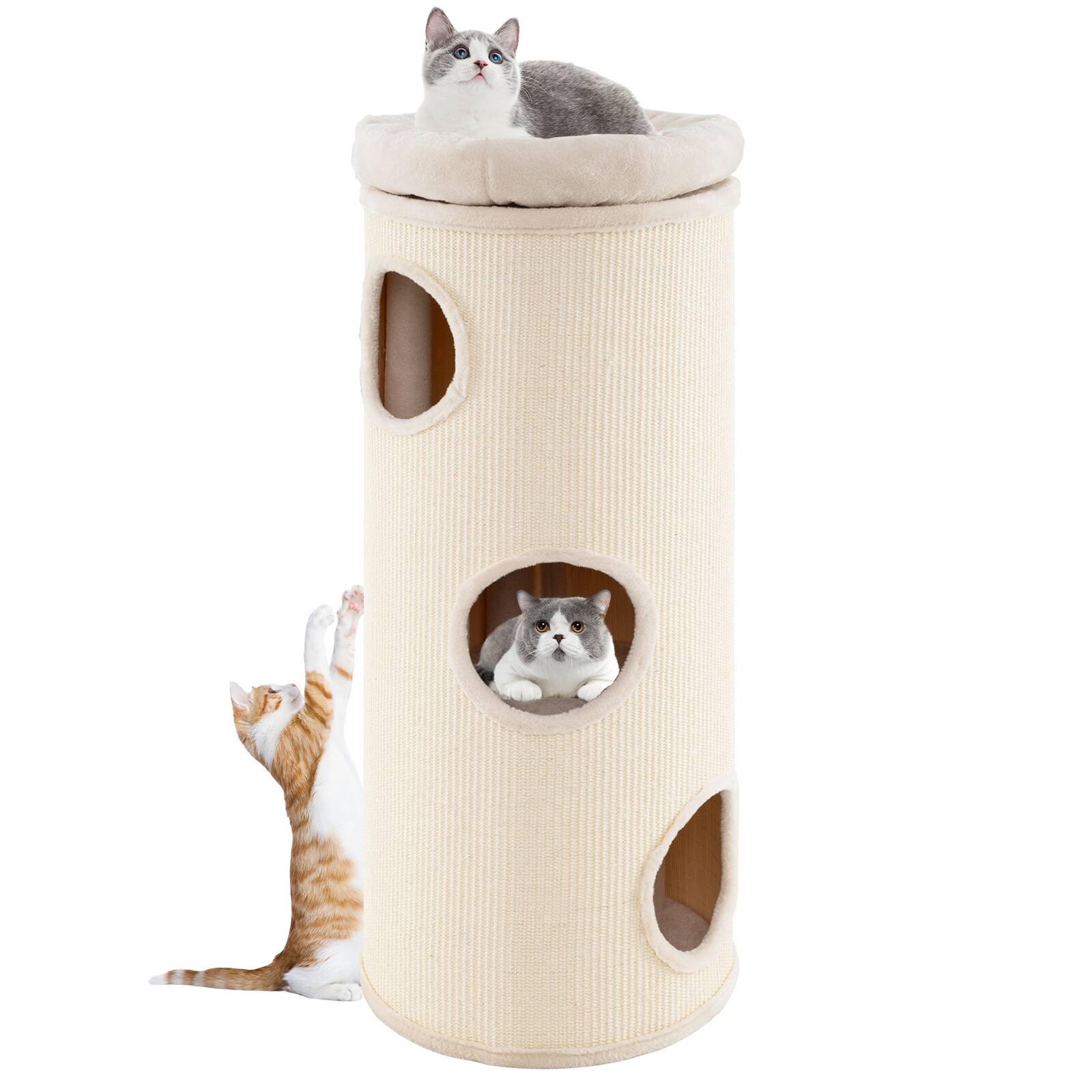 Front. Gymax - Gymax 49'' Barrel-Shaped Kitten Condo w/ Removable Padded Top Perch Bamboo Mat - GYM17334.