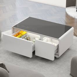 TinyHomie - Modern Smart Coffee Table Built In Fridge Freezer Bluetooth Wireless Charging Usb - White