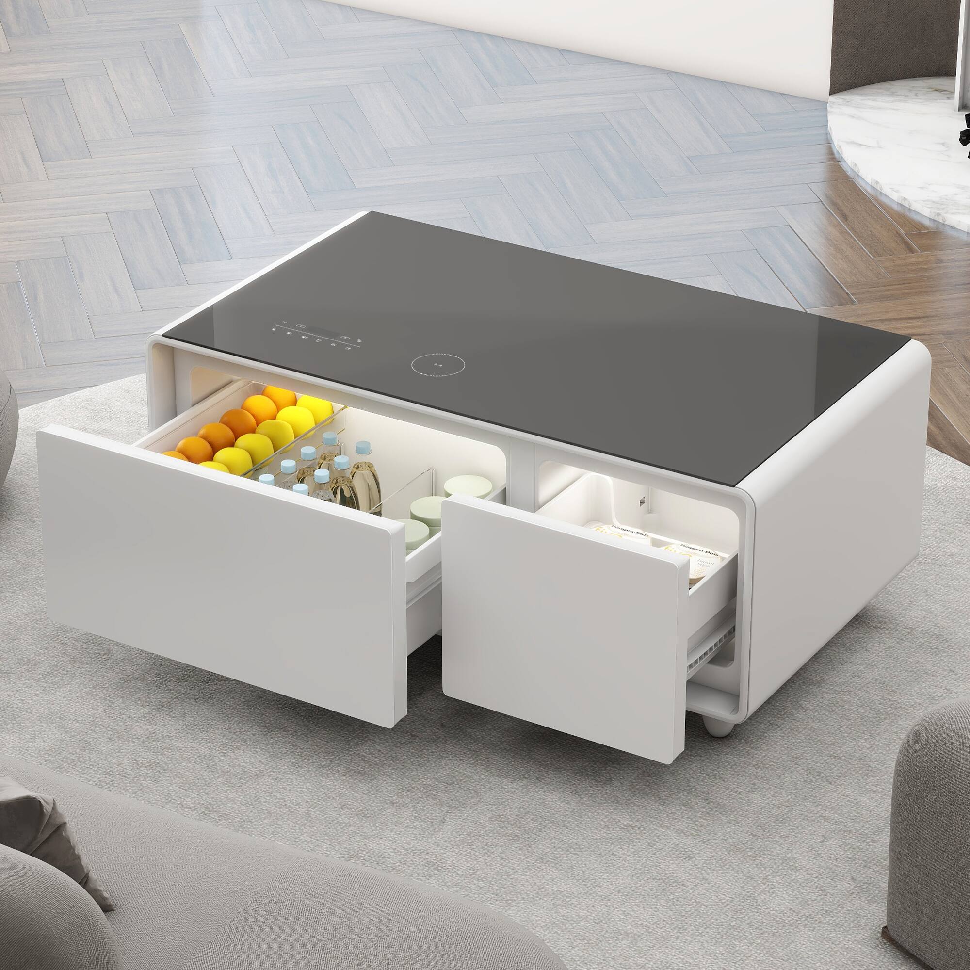 Front. Tiramisubest - Modern Smart Coffee Table with Built-in Fridge,Bluetooth Speaker,Wireless Charging,USB Ports,Atmosphere light,White - White.