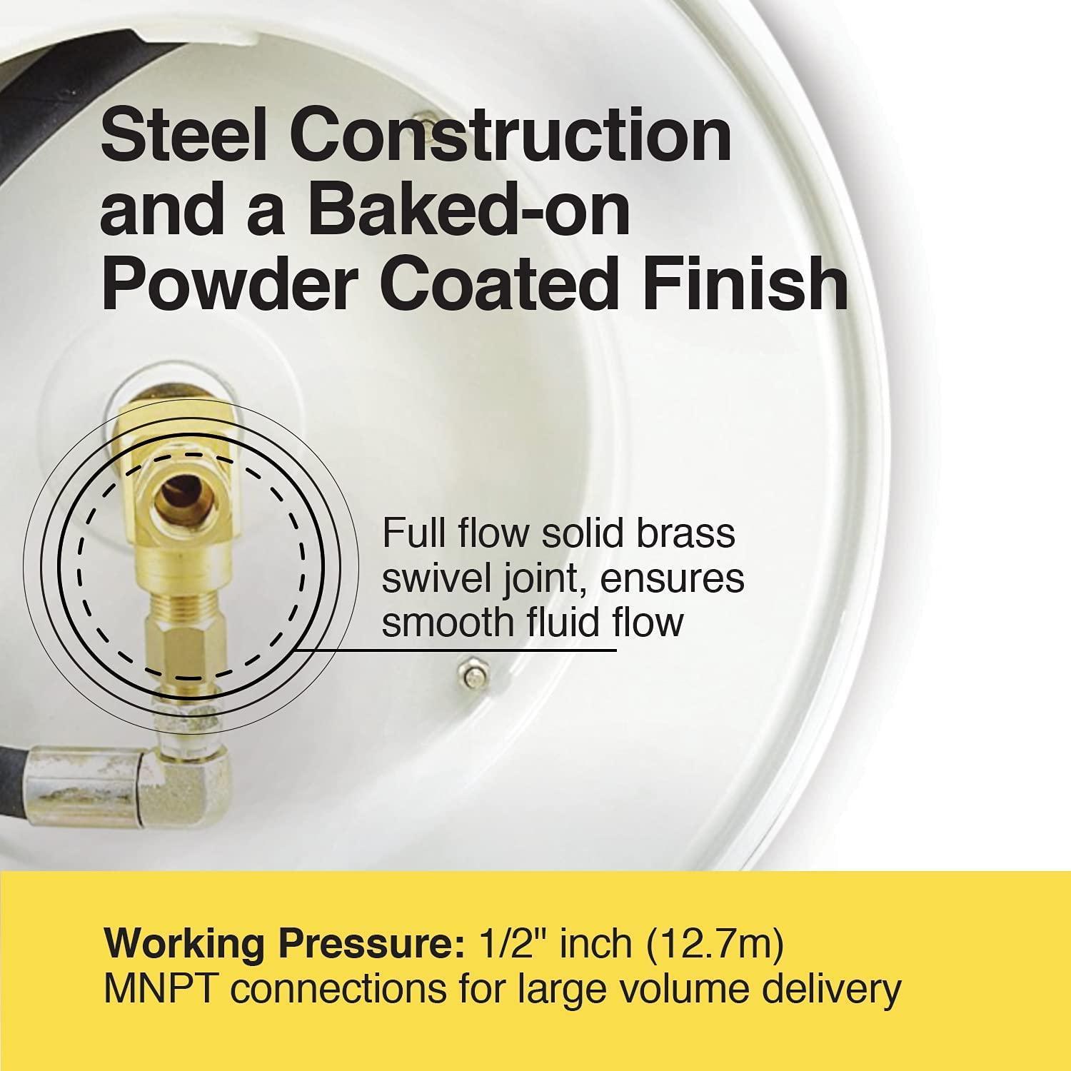 Steel Construction and a Baked-on Powder Coated Finish

Full flow solid brass swivel joint, ensures smooth fluid flow

Working Pressure: 1/2" inch (12.7m) MNPT connections for large volume delivery