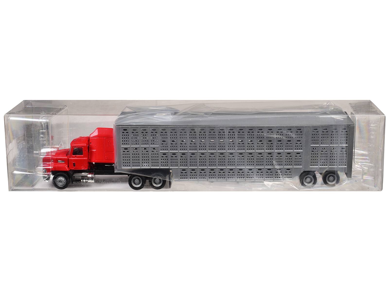 Left. Promotex - Mack CH 613 with Sleeper Cab Red with Silver Livestock Trailer 1/87 (HO) Plastic Model Car by Promotex - Red with Silver.