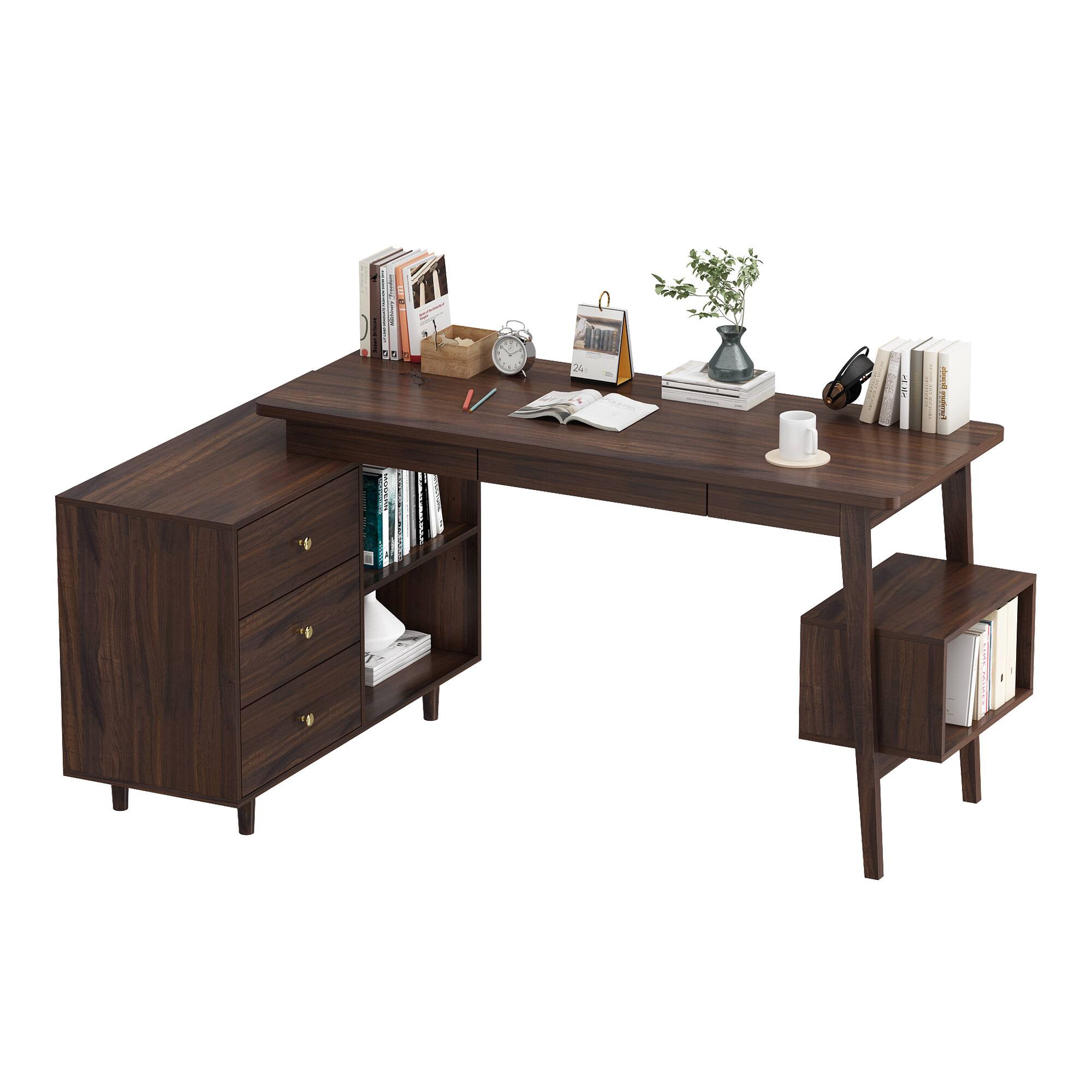 Angle. Famapy - Famapy L - Shaped Convertible Desk: Adjustable Layout, Ample Storage & Sturdy Build - Brown.