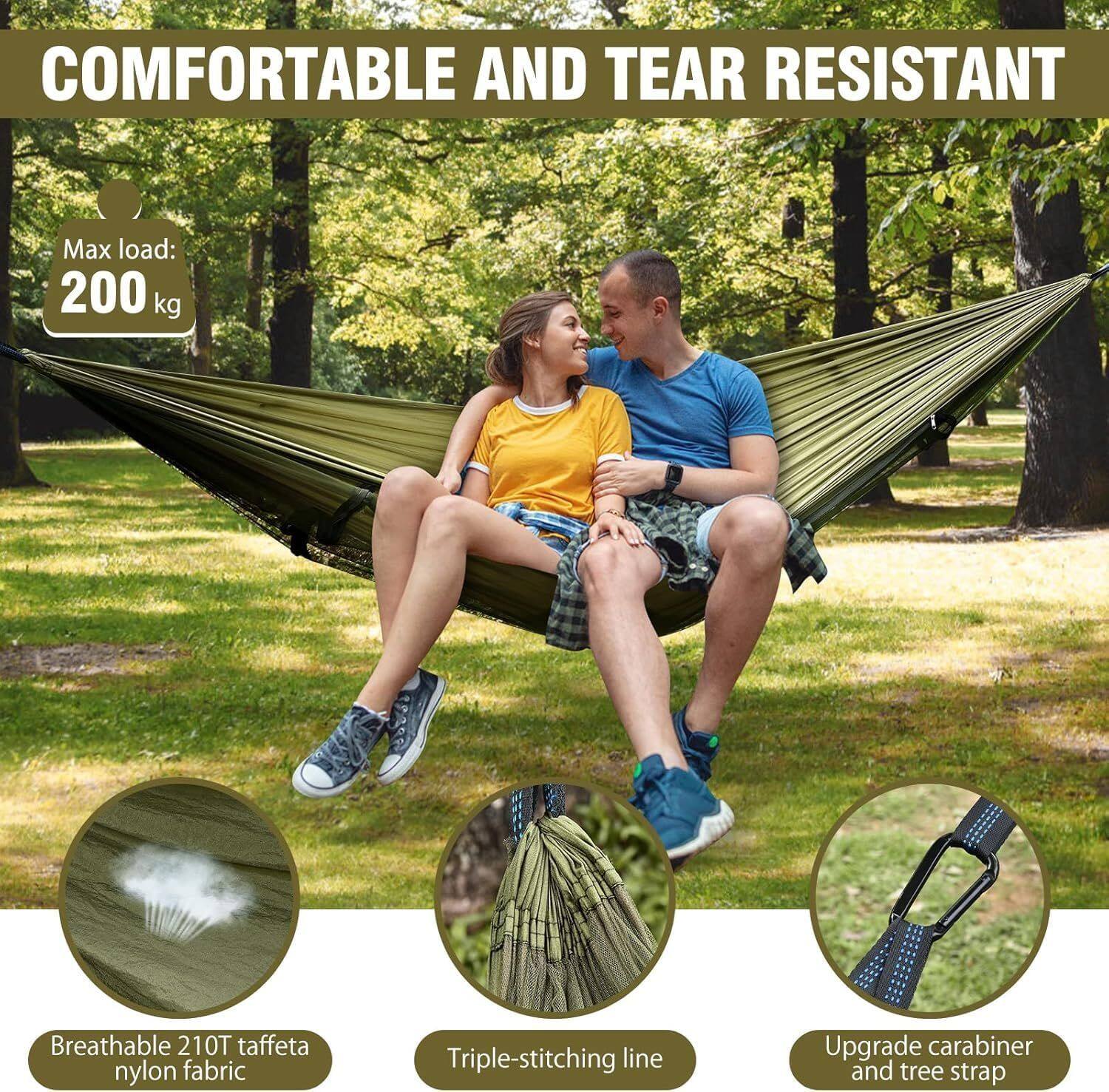 COMFORTABLE AND TEAR RESISTANT

Max load: 200 kg

Breathable 210T taffeta nylon fabric

Triple-stitching line

Upgrade carabiner and tree strap