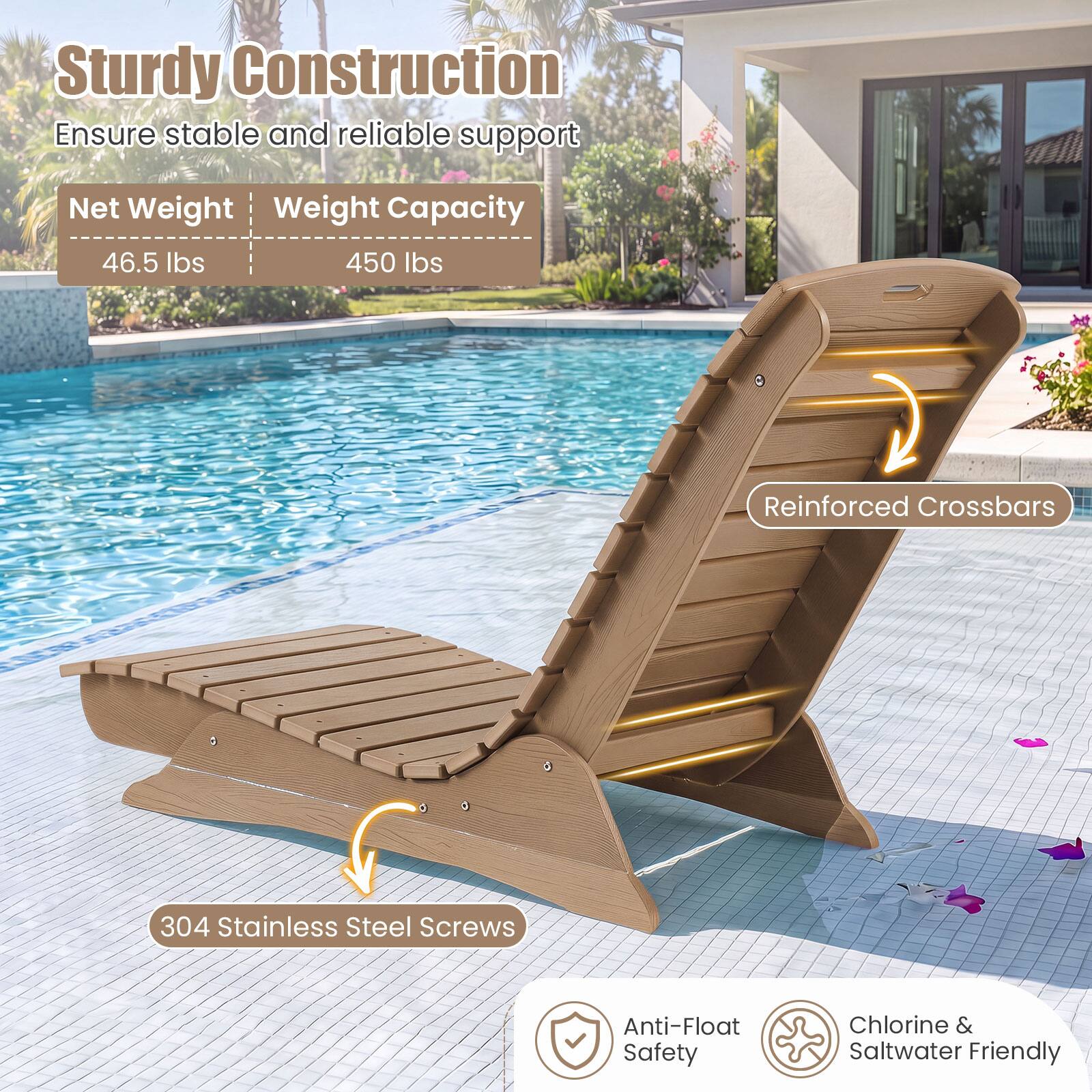 Sturdy Construction  
Ensure stable and reliable support

Net Weight: 46.5 lbs  
Weight Capacity: 450 lbs

Reinforced Crossbars  
304 Stainless Steel Screws  
Anti-Float Safety  
Chlorine & Saltwater Friendly