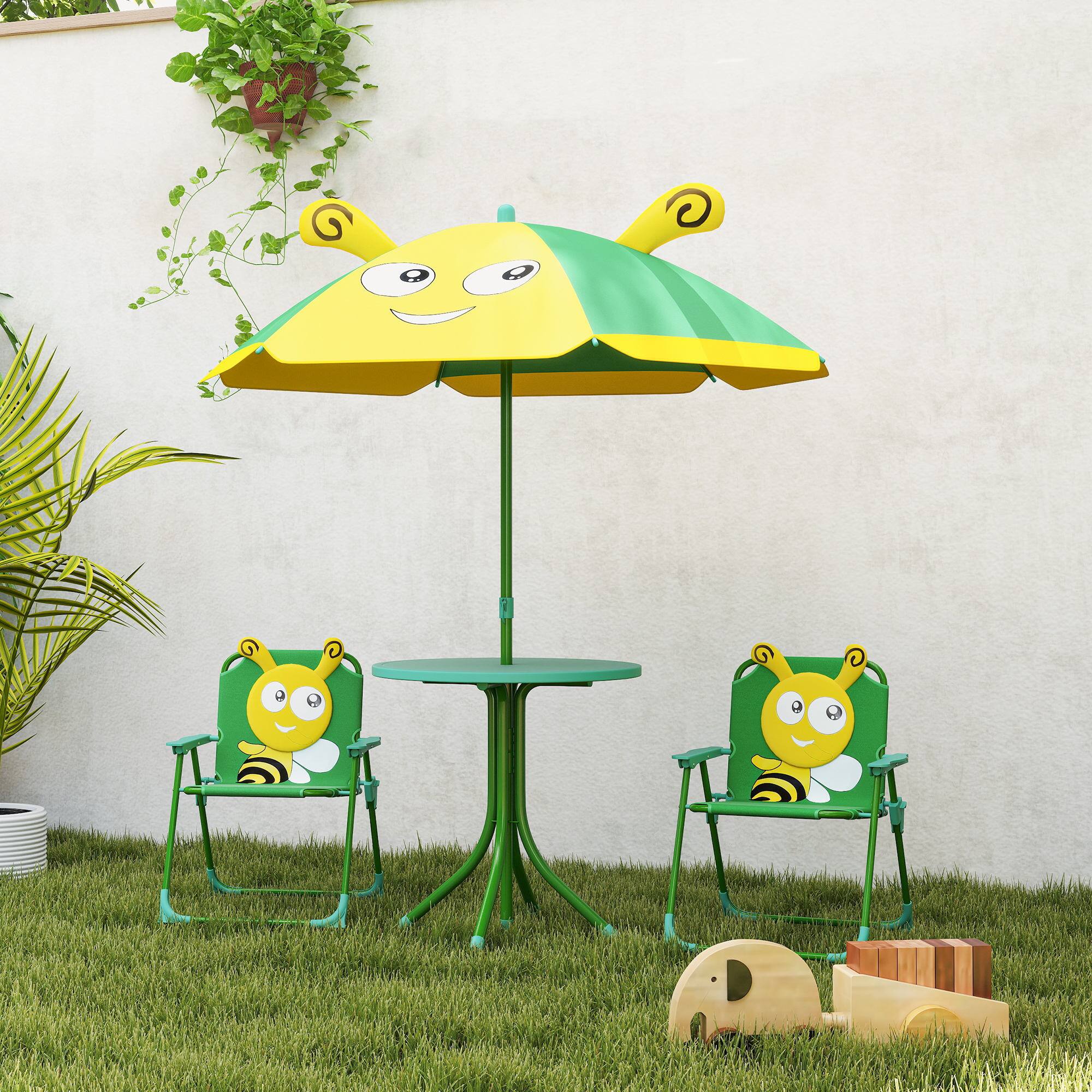 Alt View 5. Qaba - Kids Picnic Table and Chair Set, Outdoor Activity Table with Foldable Chairs, Removable Umbrella, Bee Pattern - Green.