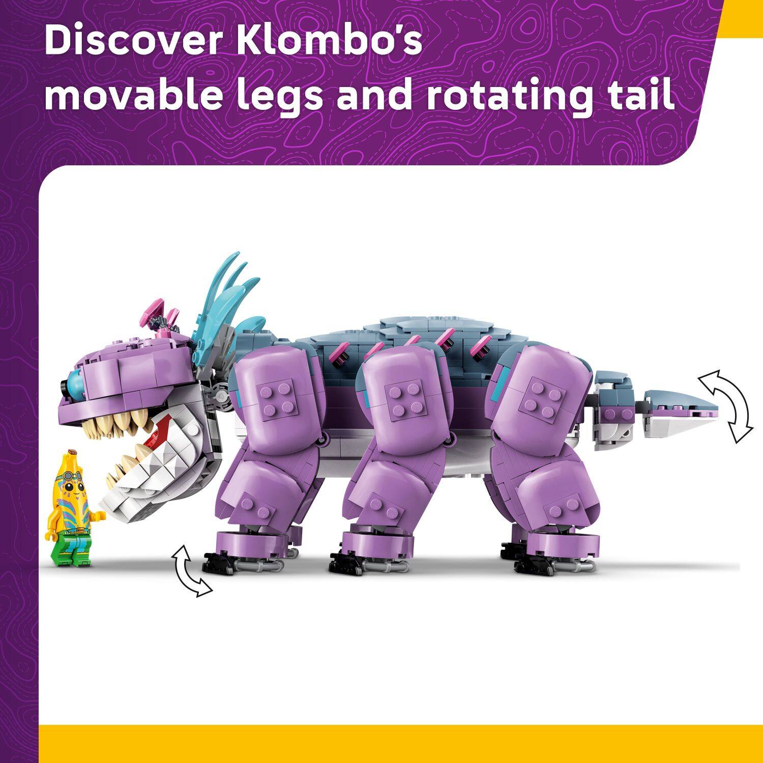 Discover Klombo's movable legs and rotating tail.