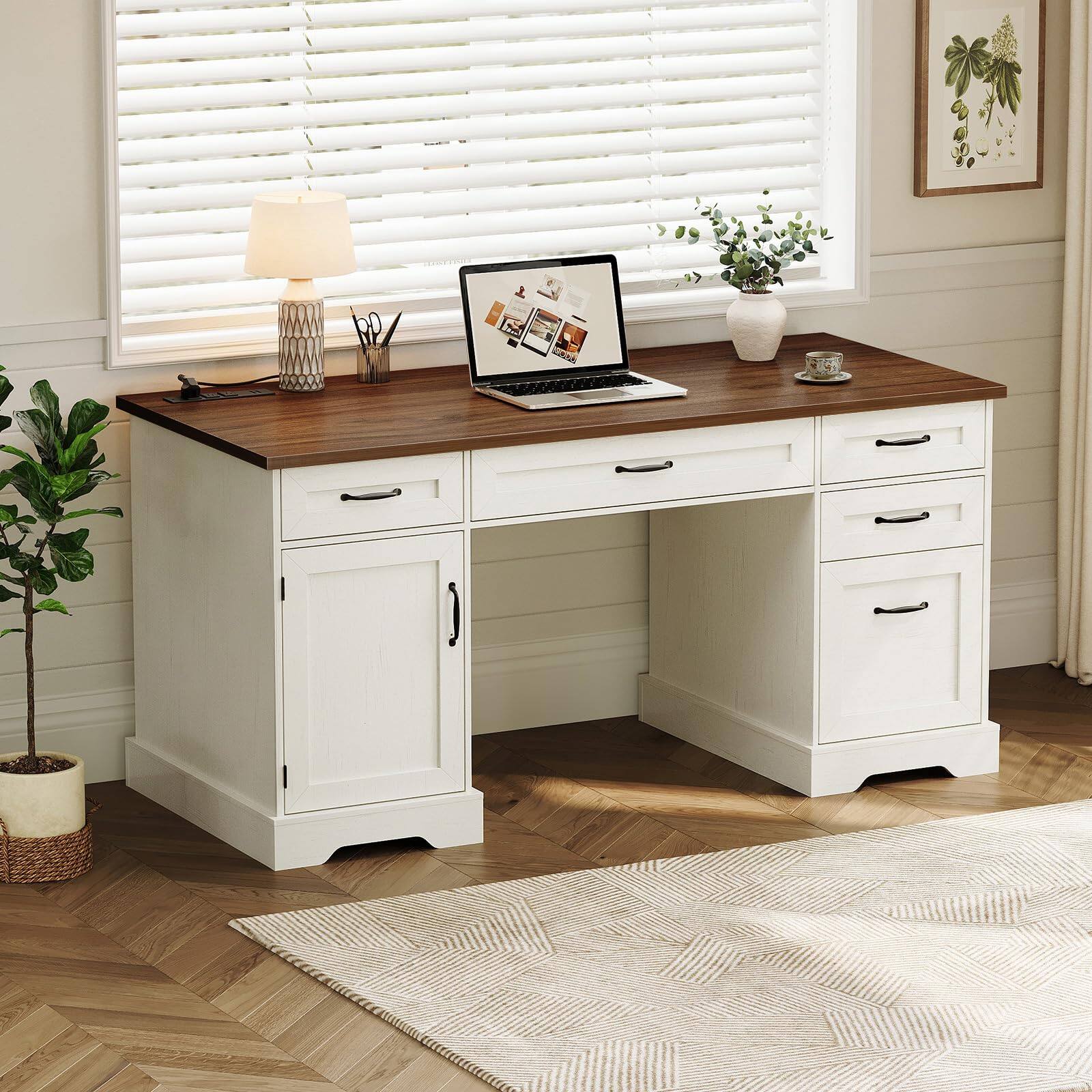 Alt View 3. OffiGo - 59 Inch Farmhouse Desk with Drawers, Executive Computer Desk with Charging Station & File Cabinet Storage - Walnut+white.