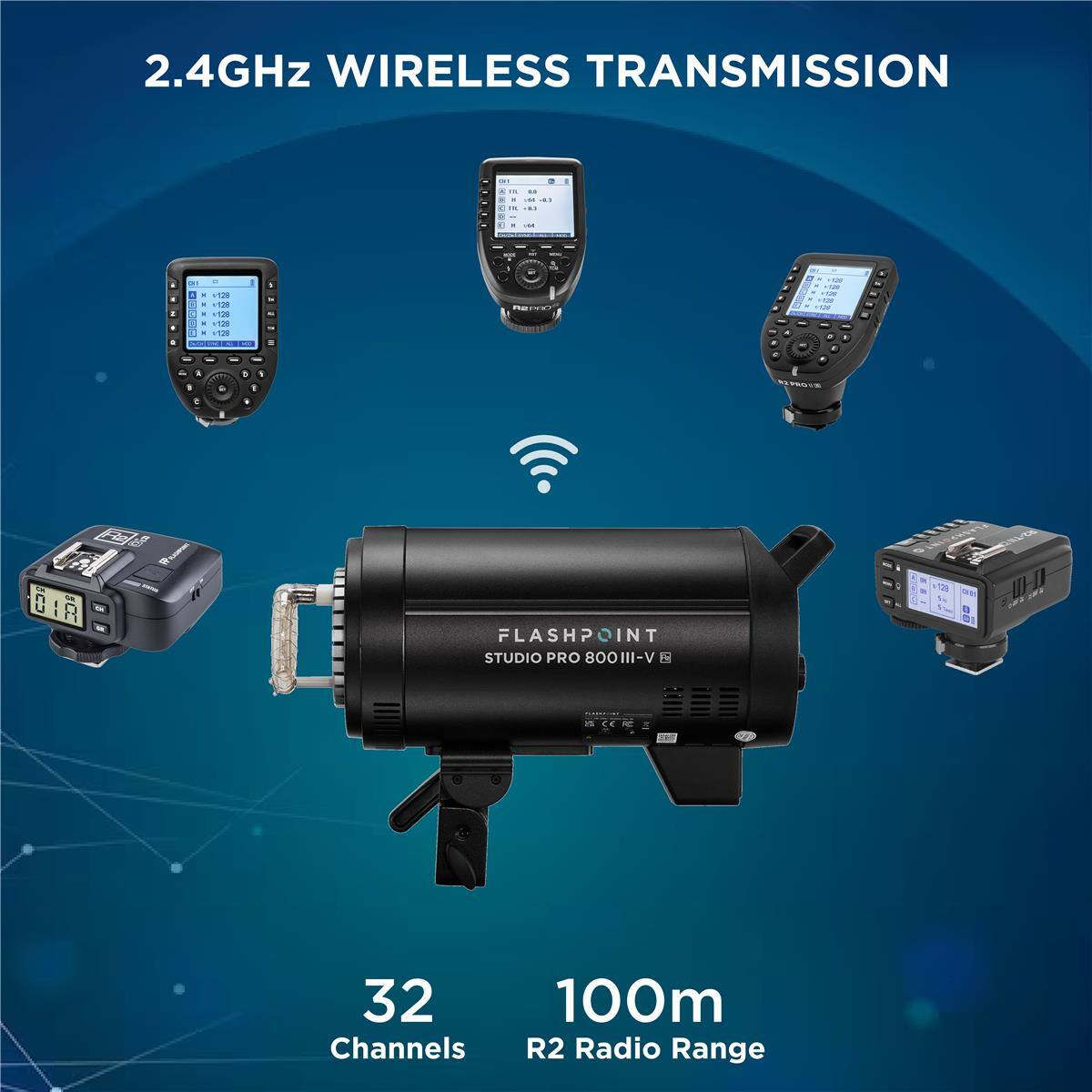 2.4GHz WIRELESS TRANSMISSION

FLASHPOINT STUDIO PRO 800III-V

32 Channels

100m R2 Radio Range
