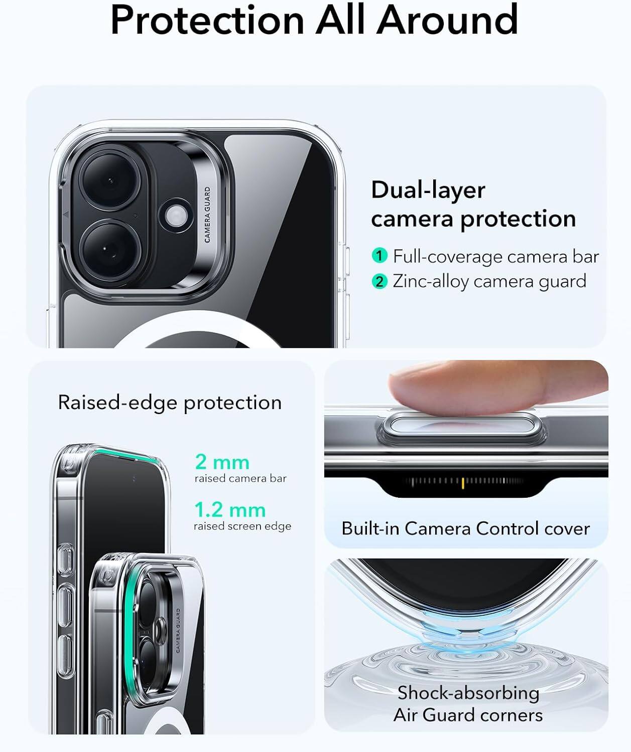 Protection All Around

Dual-layer camera protection
1. Full-coverage camera bar
2. Zinc-alloy camera guard

Raised-edge protection
2 mm raised camera bar
1.2 mm raised screen edge

Built-in Camera Control cover

Shock-absorbing Air Guard corners