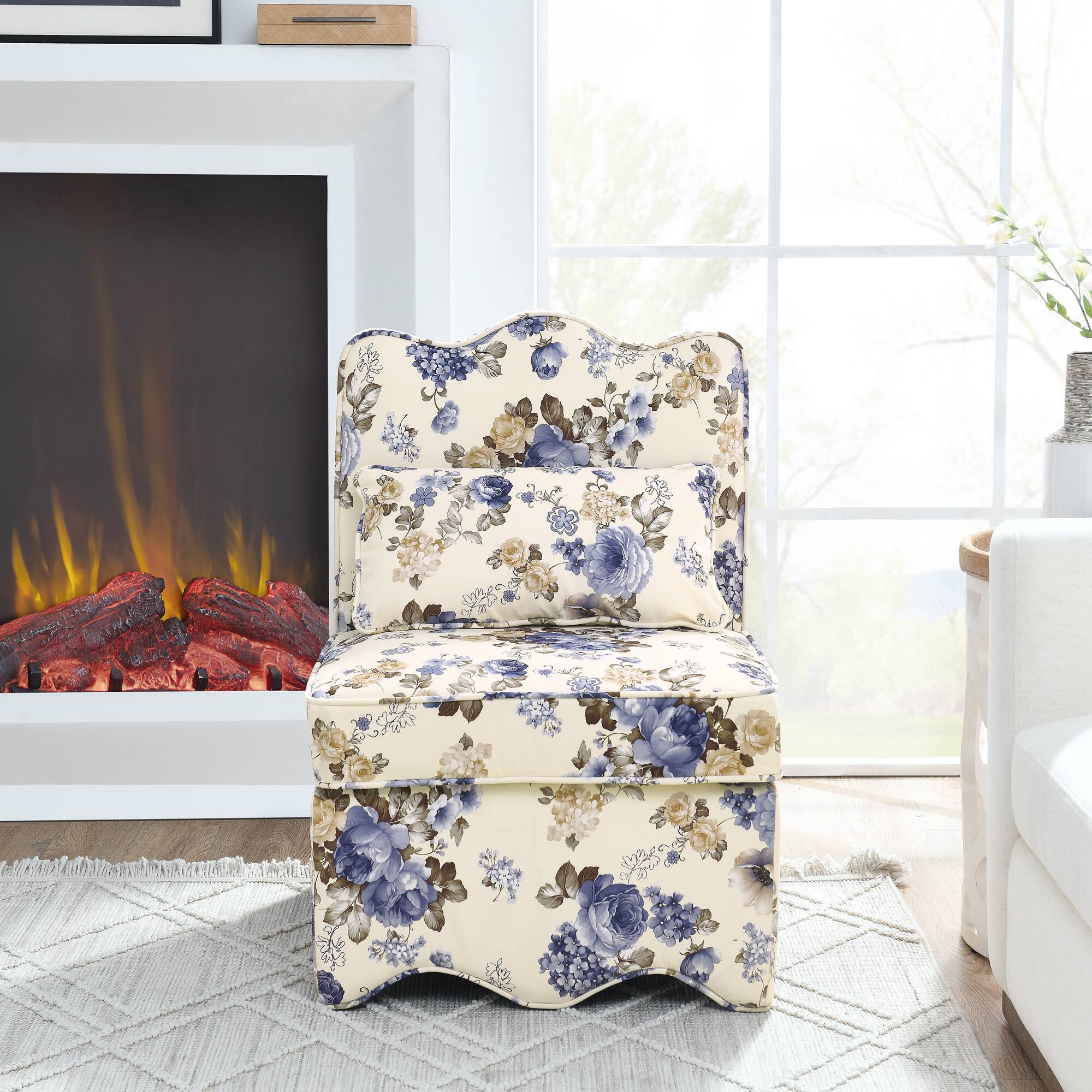 Left. Trinkets Crazed - Flannel Upholstered Accent Chair-Retro Single Sofa Chair with Floral Pattern, Armless Lounge Chair with Pillow - Blue.