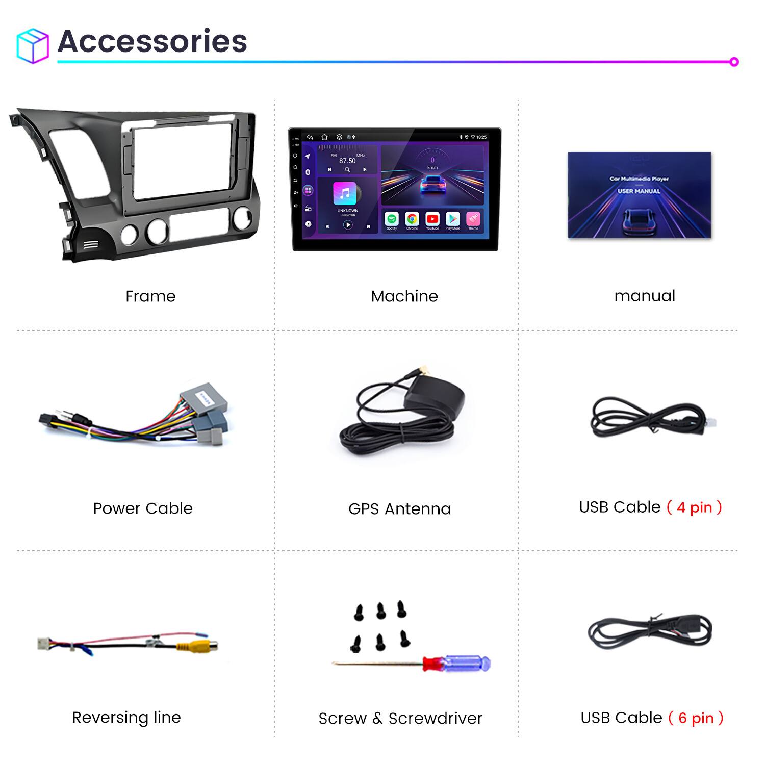 Accessories

- Frame
- Machine
- Manual
- Power Cable
- GPS Antenna
- USB Cable (4 pin)
- Reversing line
- Screw & Screwdriver
- USB Cable (6 pin)