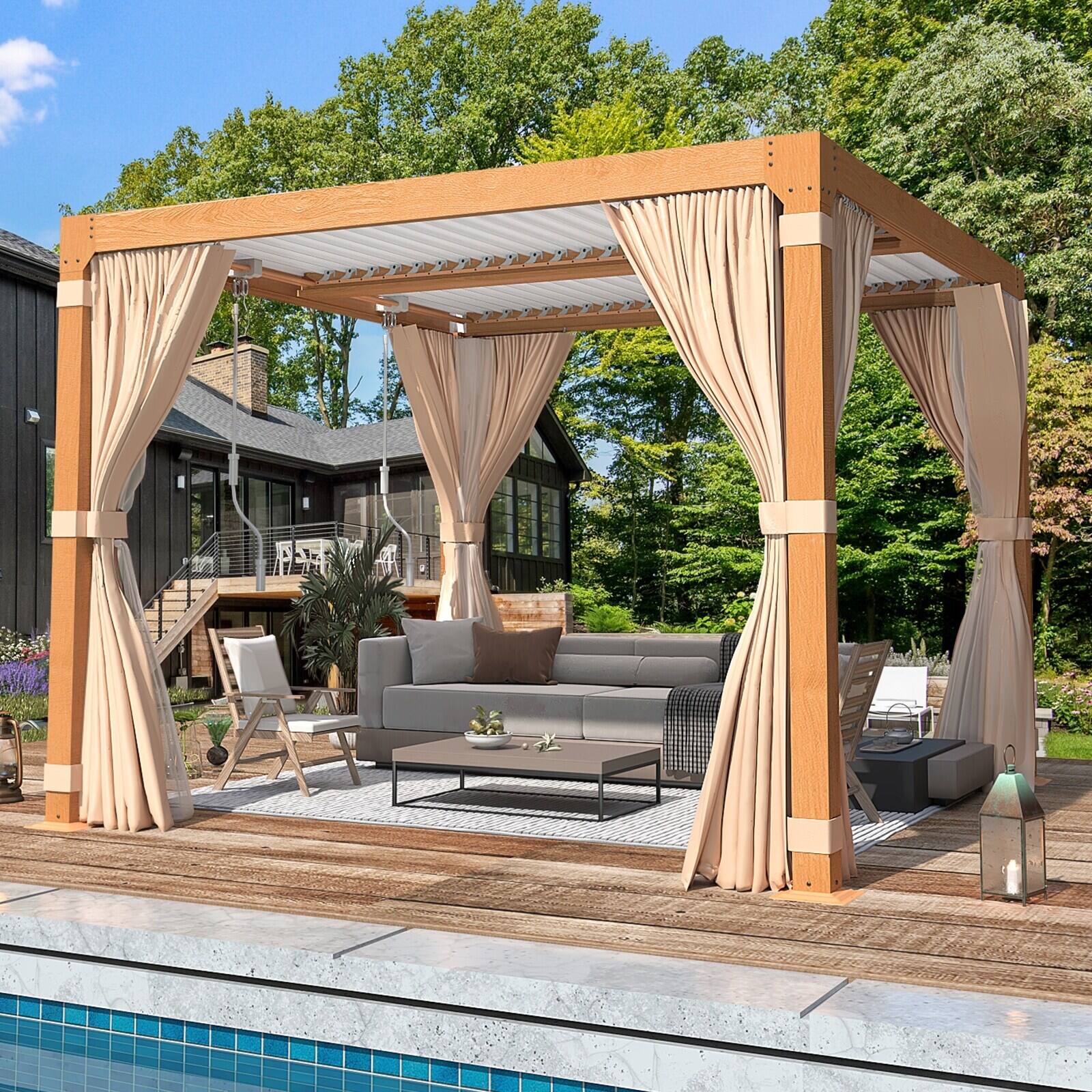 Angle. U-HOMY - Wood Grain Aluminum Louvered Pergola Gazebo with Adjustable Rainproof Roof, Curtains & Netting - 10'x10'.