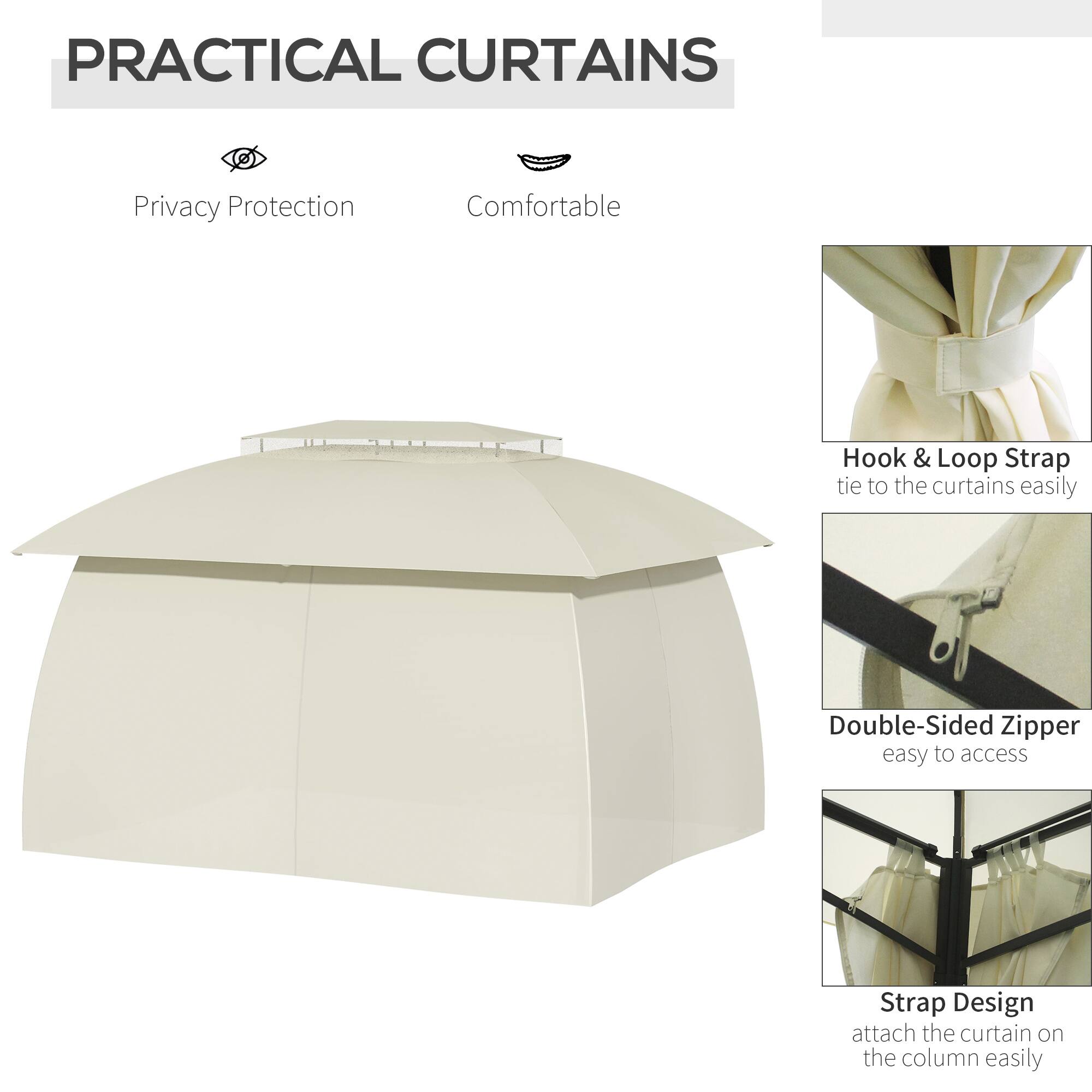 PRACTICAL CURTAINS

Privacy Protection  
Comfortable

Hook & Loop Strap  
tie to the curtains easily

Double-Sided Zipper  
easy to access

Strap Design  
attach the curtain on the column easily