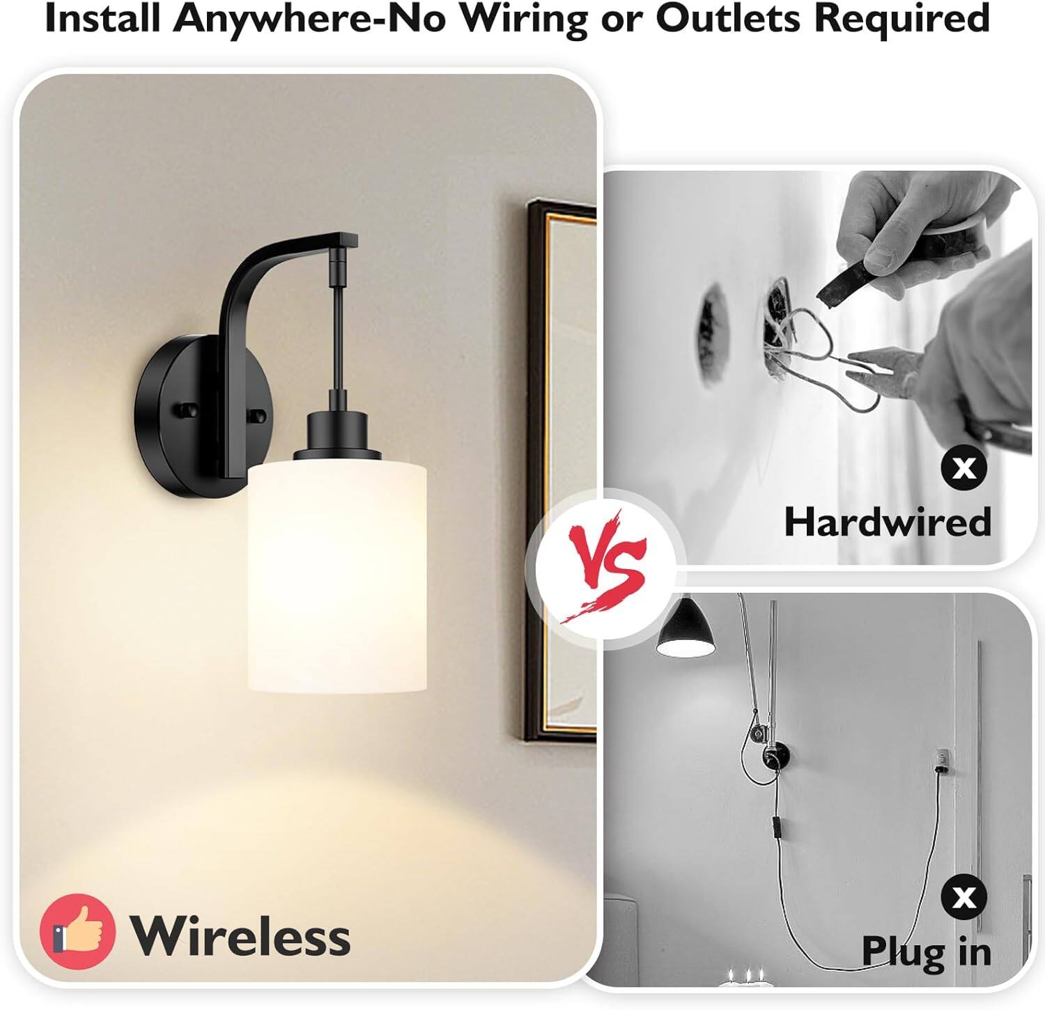 Install Anywhere-No Wiring or Outlets Required

Wireless

VS

Hardwired

Plug in