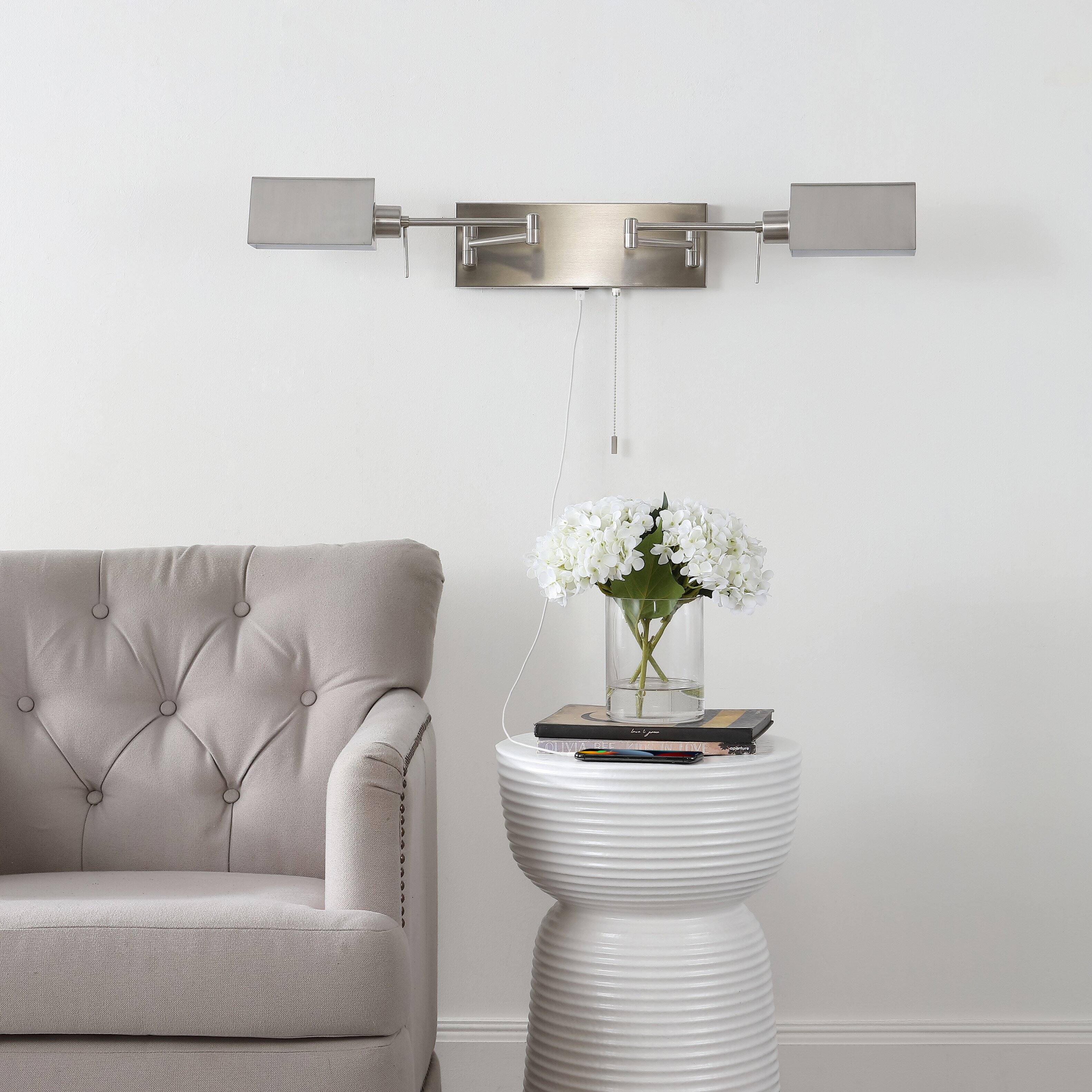 Alt View 6. Jonathan Y - Arlo 54" 2-Light Farmhouse Industrial Double Swing Arm Iron LED Wall Sconce with Pull-Chain USB Charging Port, Nickel - Nickel.