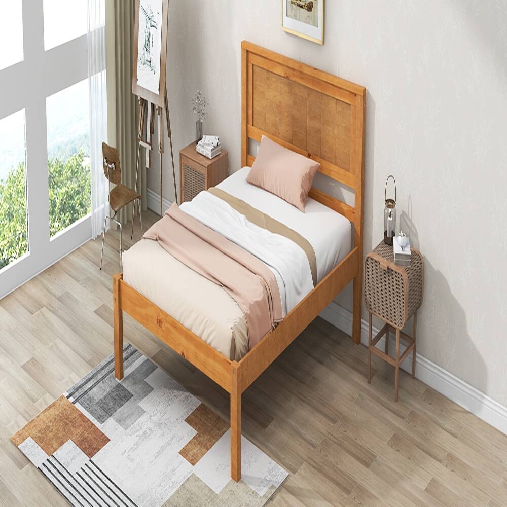 Alt View 1. Loheer - Loheer Twin Platform Bed Frame with Headboard Oak Wood Slat Support No Box Spring Needed - Oak.