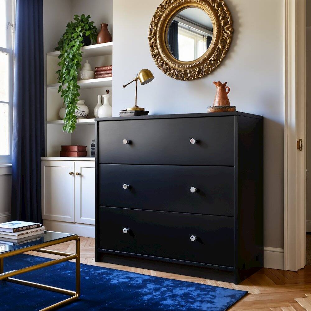 Alt View 4. FurniFact - Black 3 Drawer Dresser - Compact Small Chest of Drawers for Bedrooms - Black.