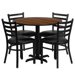 Emma + Oliver - 36" Round Laminate X-Base Table Set with 4 Ladder Back Chairs - Walnut Top/Black Vinyl Seat