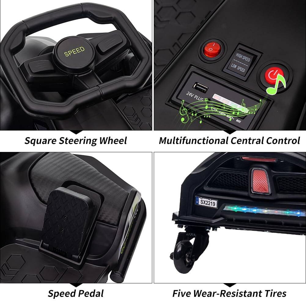 - Square Steering Wheel
- Multifunctional Central Control
- Speed Pedal
- Five Wear-Resistant Tires

24V PLUS

HIGH SPEED
LOW SPEED

SX2219