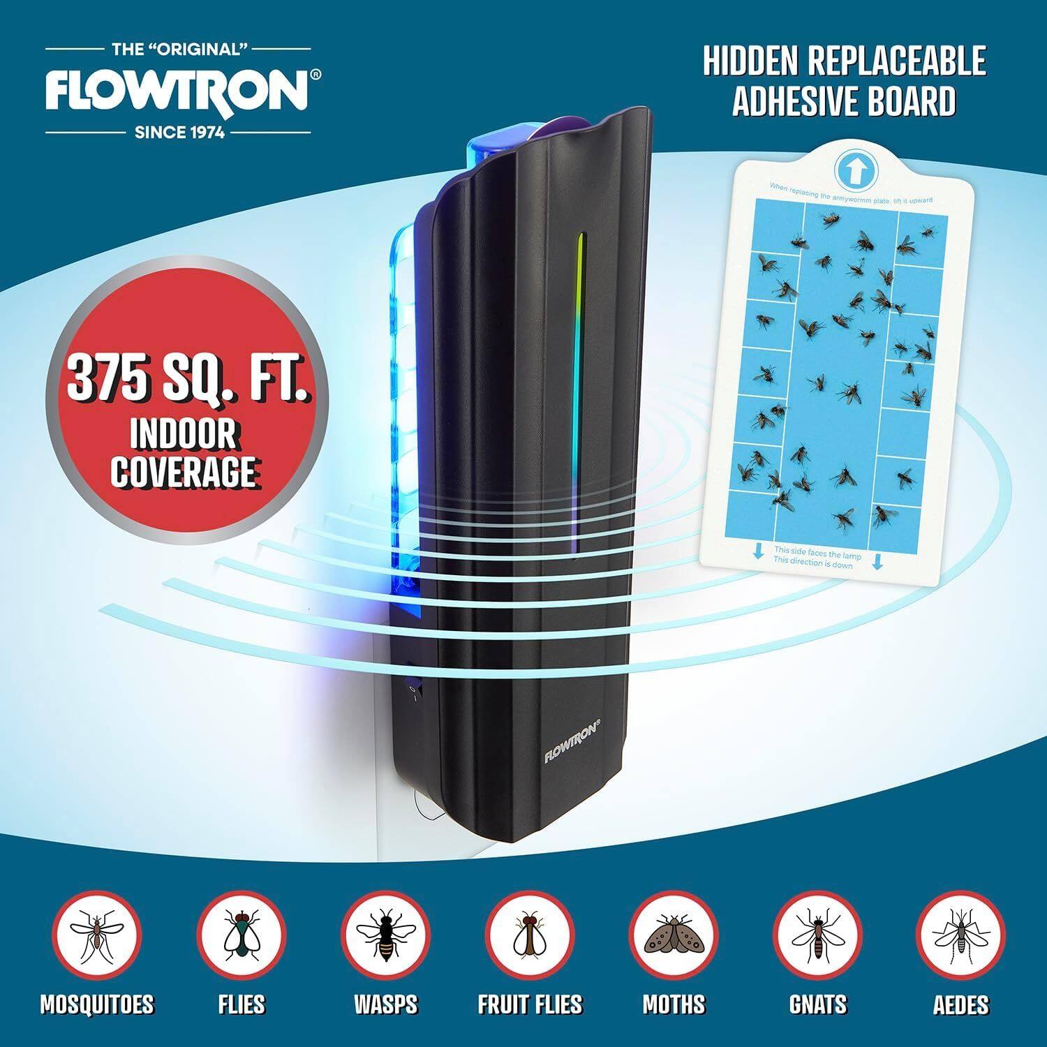 THE "ORIGINAL" FLOWTRON SINCE 1974

375 SQ. FT. INDOOR COVERAGE

HIDDEN REPLACEABLE ADHESIVE BOARD

MOSQUITOES  
FLIES  
WASPS  
FRUIT FLIES  
MOTHS  
GNATS  
AEDES