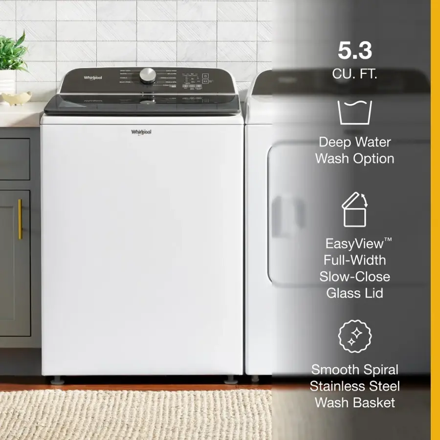 Whirlpool 5.3 CU. FT. Deep Water Wash Option EasyView Full-Width Slow-Close Glass Lid Smooth Spiral Stainless Steel Wash Basket