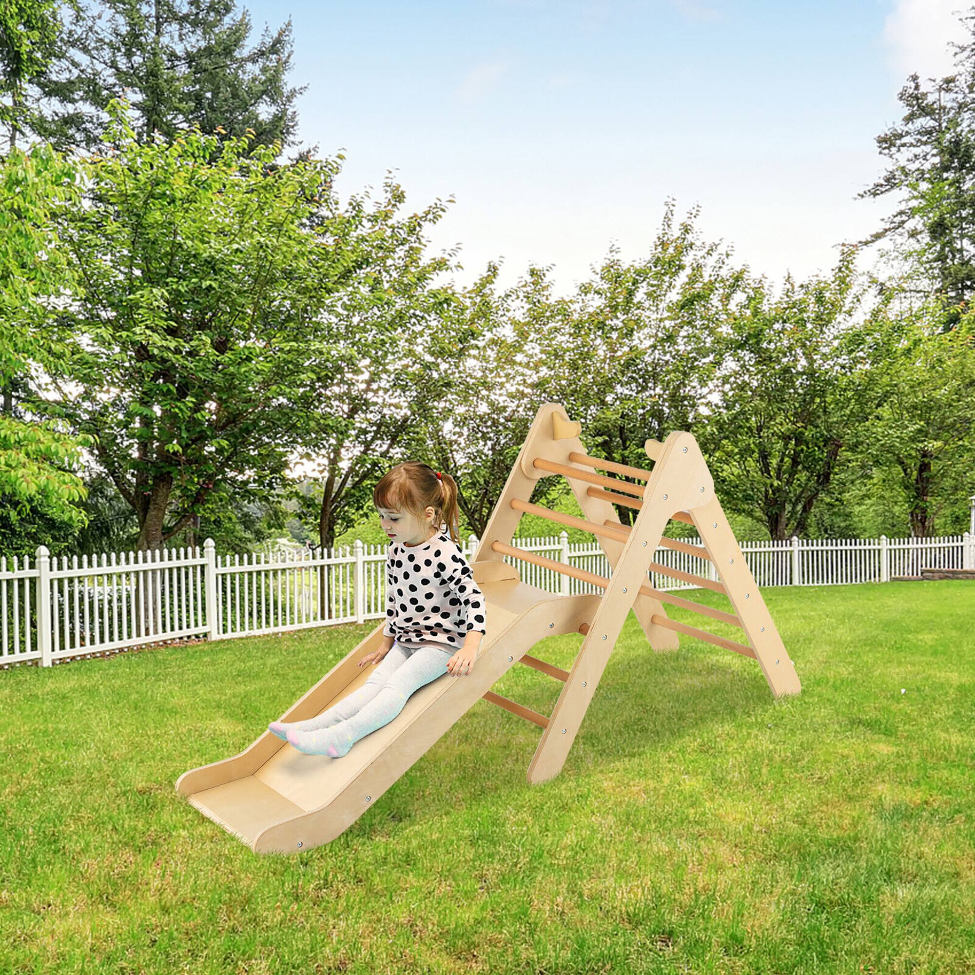 Alt View 2. Costway - Costway 2-in-1 Wooden Climbing Triangle Set Triangle Climber w/ Ramp - Natural.