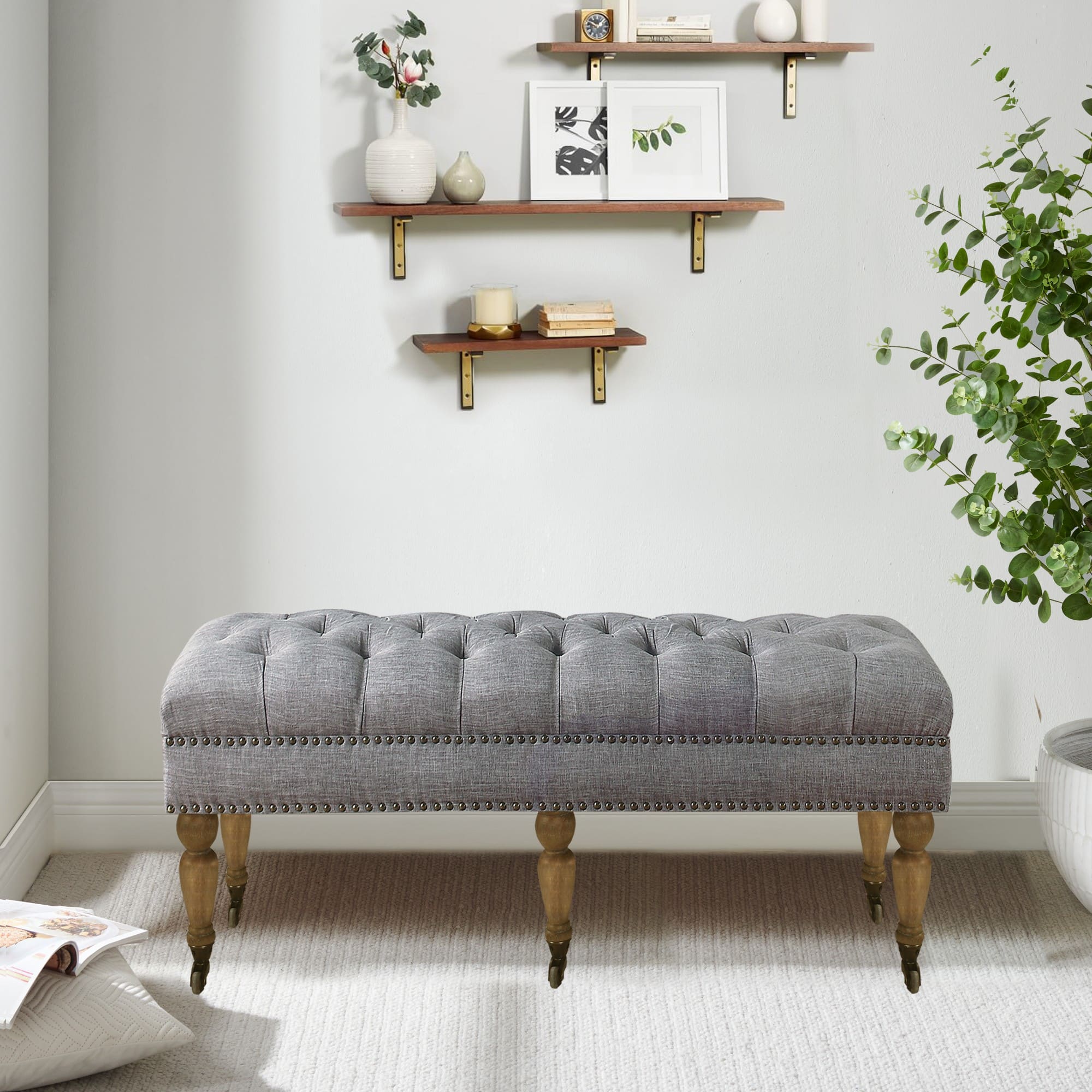 Boyel Living - Small Tufted Linen Bench with Solid Wood Legs - Light Gray