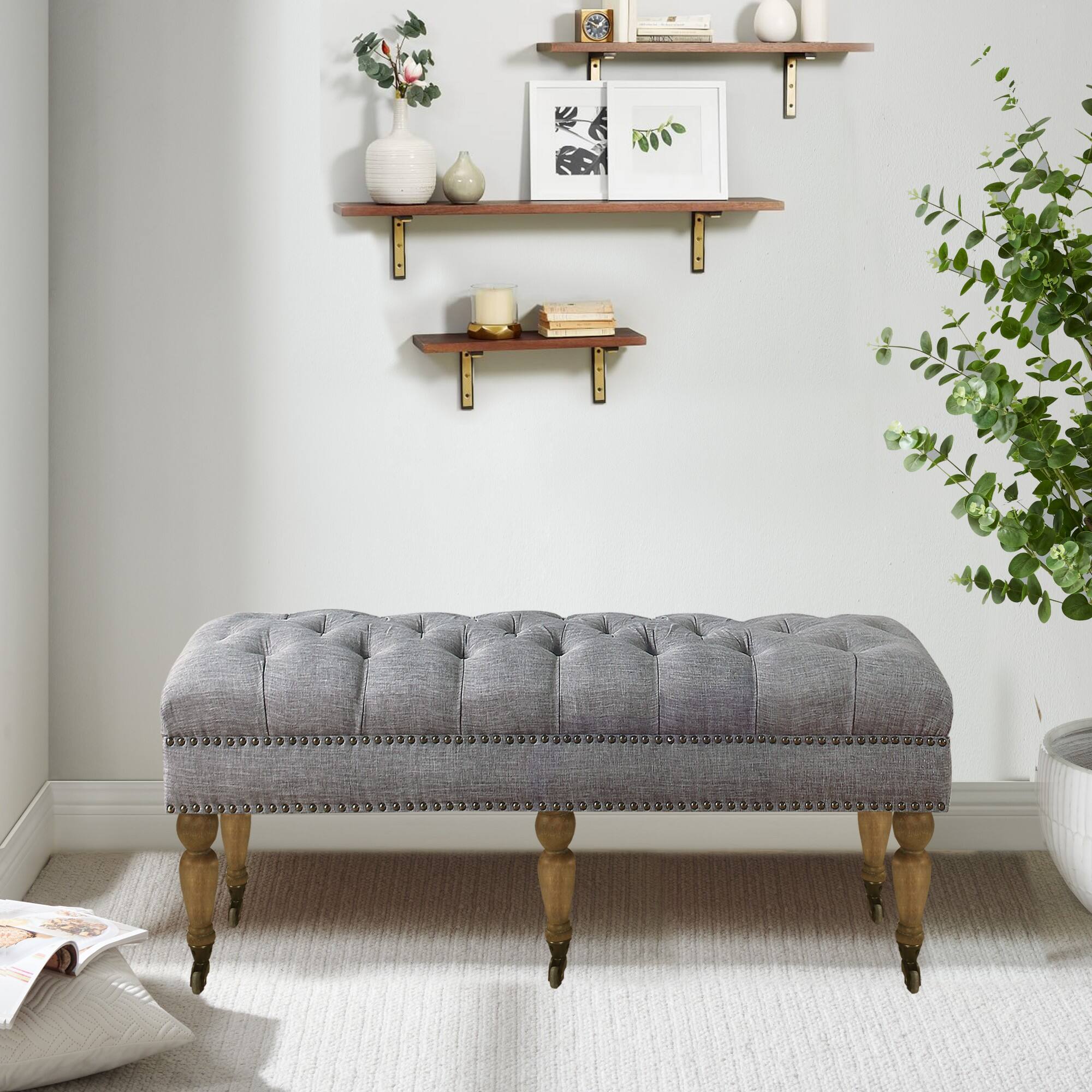 Boyel Living - Small Tufted Linen Bench with Solid Wood Legs - Light Gray
