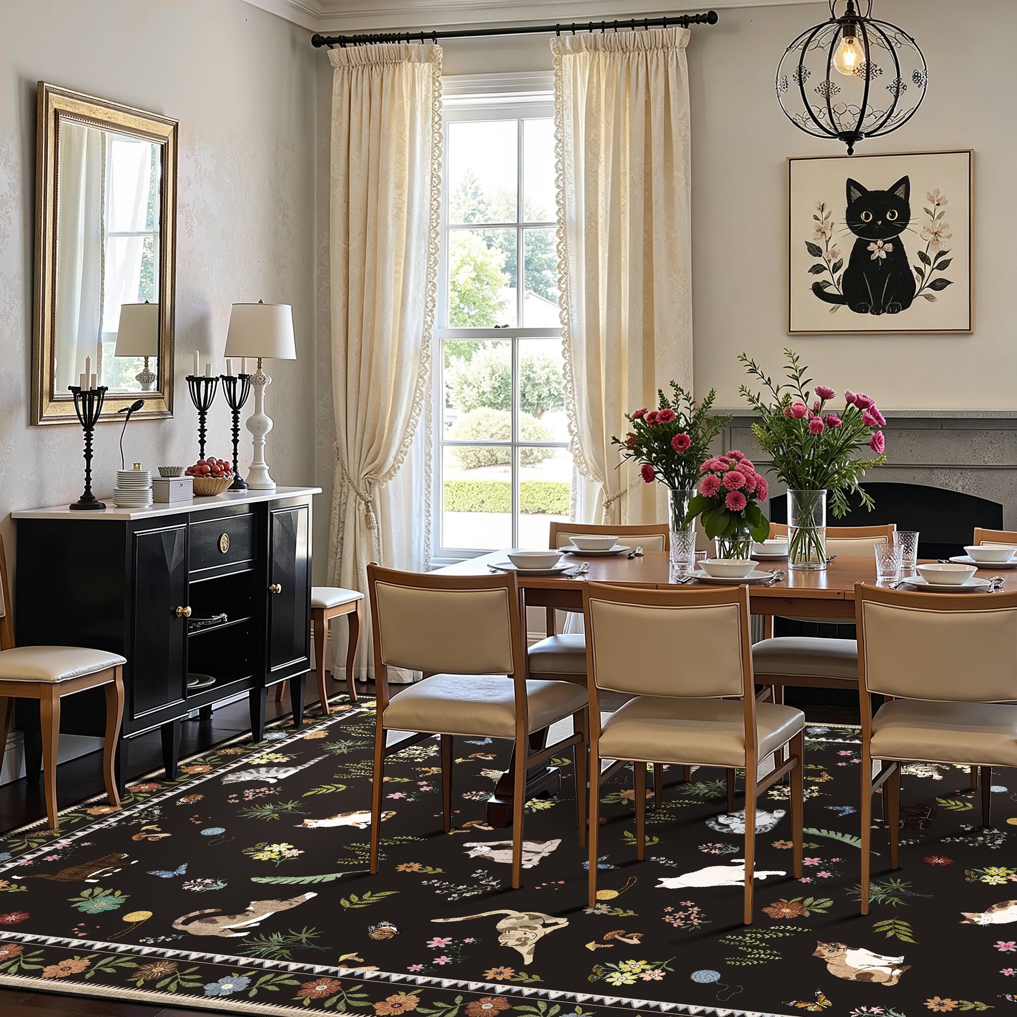 Alt View 2. KERDOM - 8x10' Extra Large Area Rug, Cat-Themed Floral Carpet for Living Room & Master Bedroom, Rubber Backing, Machine Washable - Black.