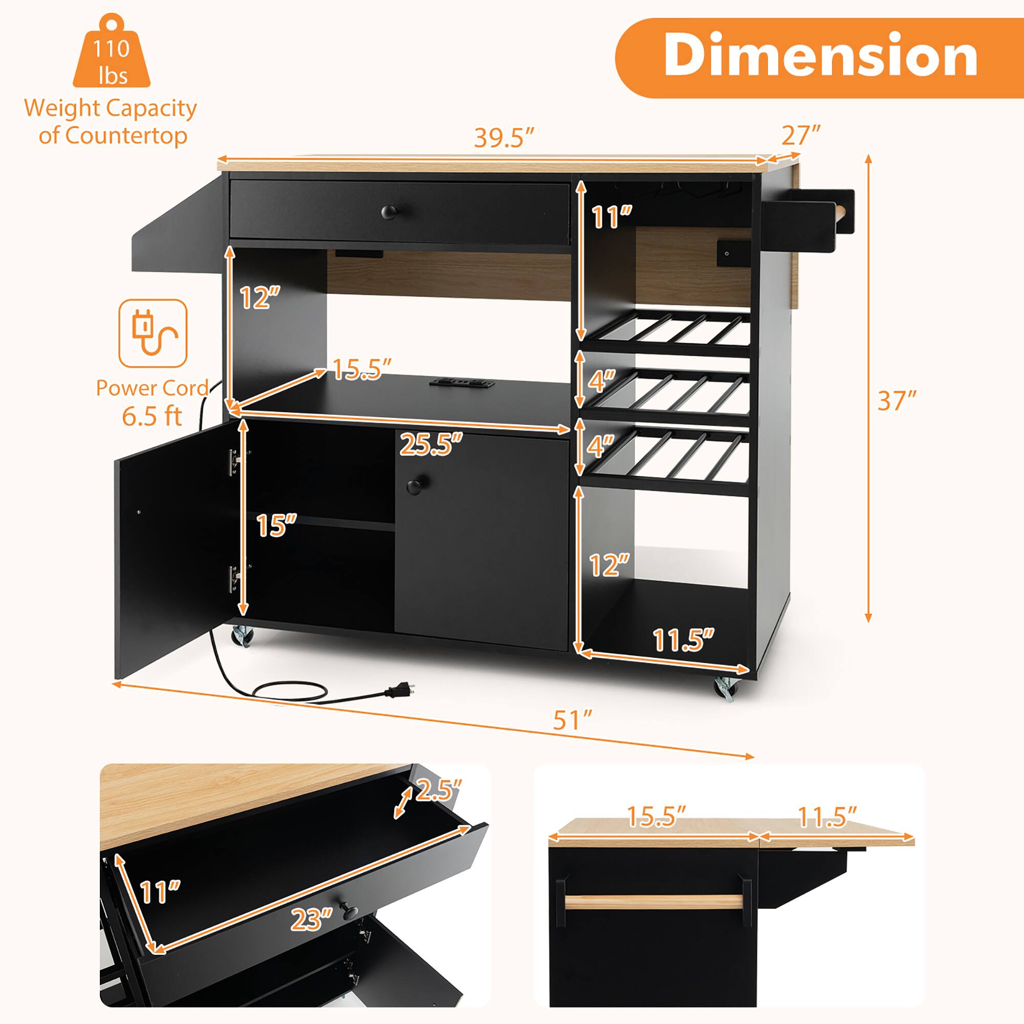 - Weight Capacity of Countertop: 110 lbs
- Dimension: 39.5" x 27" x 37"
- Power Cord: 6.5 ft
- 15.5" x 25.5" x 12"
- 4" x 4" x 11"
- 15" x 11.5" x 51"
- 2.5" x 11" x 23"
- 15.5" x 11.5"