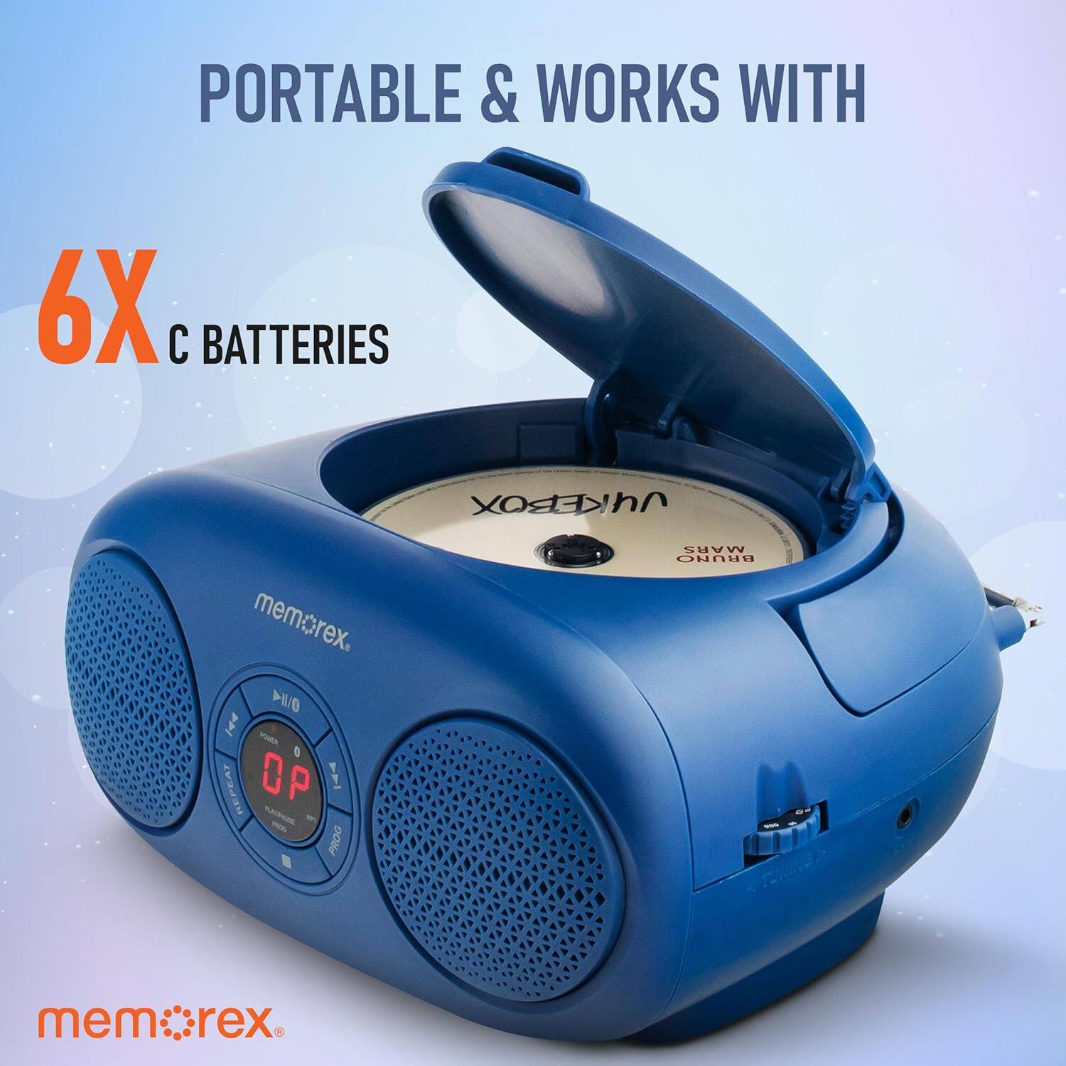 PORTABLE & WORKS WITH 6X C BATTERIES memorex. P -E 1 REPEAT OP ! TASA PROG MARS BRUNO E mem.c. rex