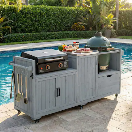 Front. Chateau Abodes - 80.5" Outdoor Kitchen Island for Big Green Egg & 21"/28" Blackstone Griddle, Solid Wood with Stainless Steel Top - Grey Blue.