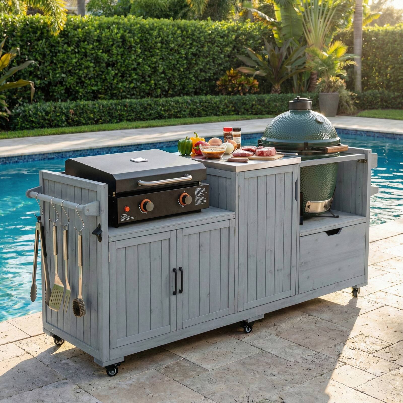Front. Chateau Abodes - 80.5" Outdoor Kitchen Island for Big Green Egg & 21"/28" Blackstone Griddle, Solid Wood with Stainless Steel Top - Grey Blue.