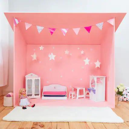 Front. Teamson Kids - Olivia's Little World Trundle Day Bed with Bedding for 18" Dolls, White/Pink.