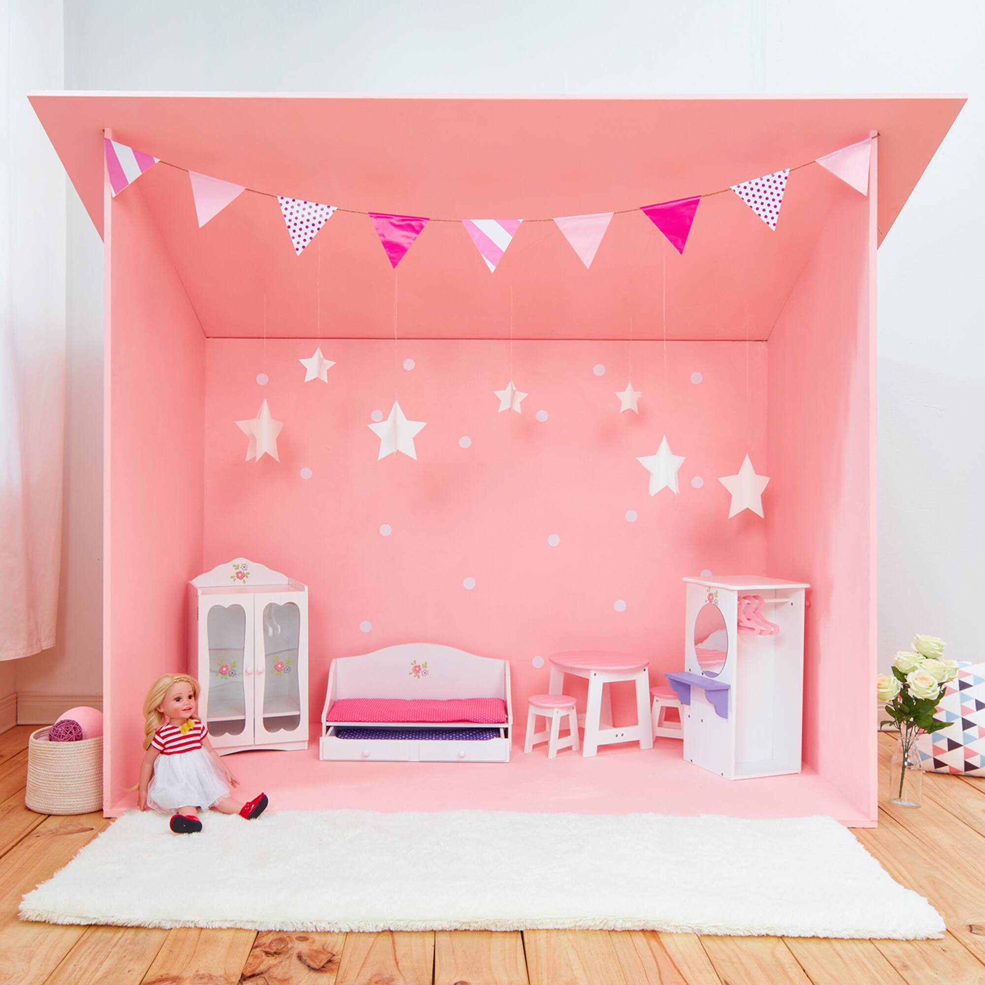 Front. Teamson Kids - Olivia's Little World Trundle Day Bed with Bedding for 18" Dolls, White/Pink.