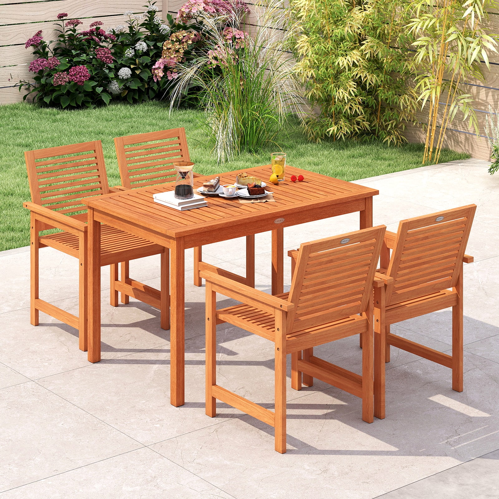 Gymax - 5 Pieces Patio Wood Dining Set Outdoor Rectangular Table & Chairs for Garden - Natural