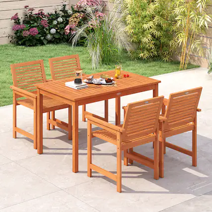 Front. Gymax - Gymax 5 Pieces Patio Wood Dining Set Outdoor Rectangular Table & Chairs for Garden - Natural.