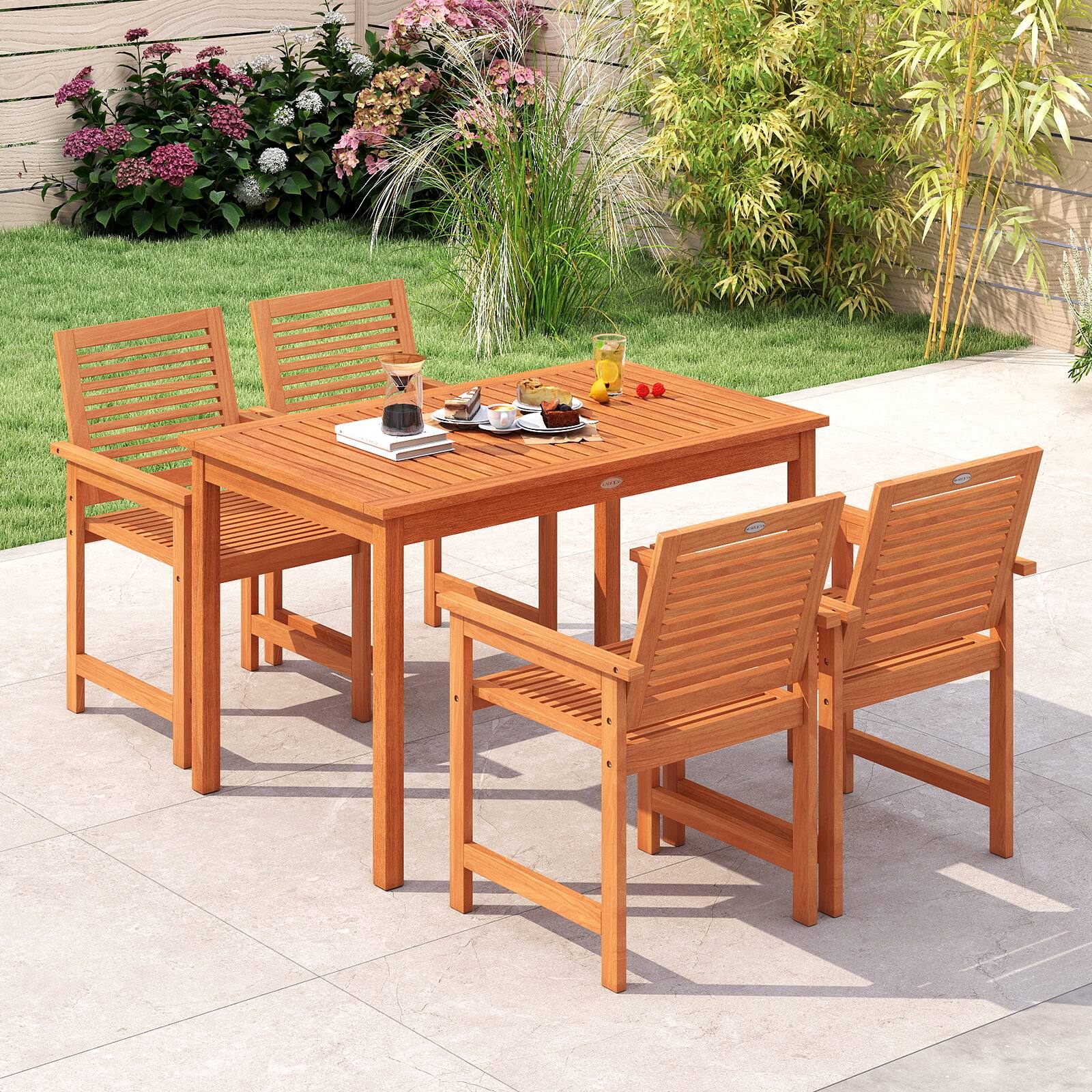Front. Gymax - Gymax 5 Pieces Patio Wood Dining Set Outdoor Rectangular Table & Chairs for Garden - Natural.