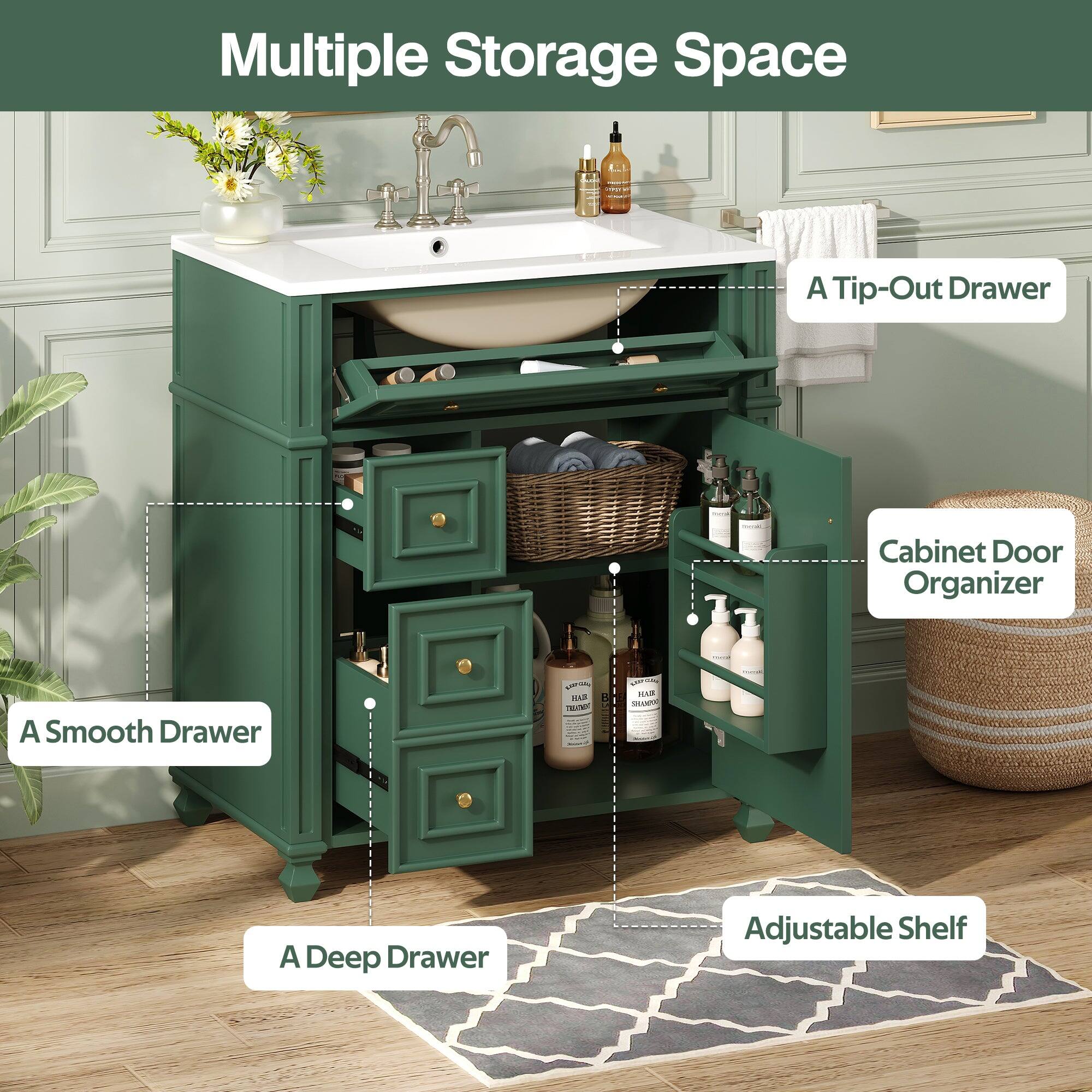 Multiple Storage Space

- A Tip-Out Drawer
- A Smooth Drawer
- A Deep Drawer
- Adjustable Shelf
- Cabinet Door Organizer