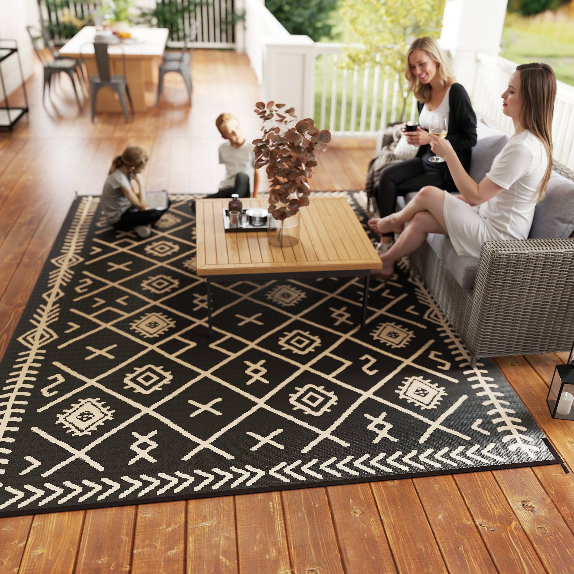Alt View 8. Outsunny - Reversible Outdoor Rug, 9' x 12' Waterproof Plastic Straw Floor Mat, Portable RV Camping Carpet, Large Floor Mat - Black and Beige Rhombus.
