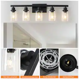 LUCKY ONE - 31in Wall Mount Vanity Light, 5-Light Industrial Sconce with Clear Glass Shades for Bathroom - Black