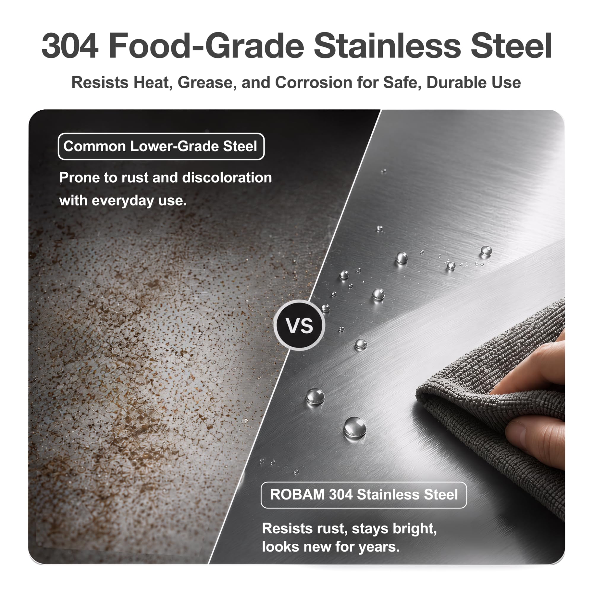 304 Food-Grade Stainless Steel Resists Heat, Grease, and Corrosion for Safe, Durable Use

Common Lower-Grade Steel
Prone to rust and discoloration with everyday use.

VS

ROBAM 304 Stainless Steel
Resists rust, stays bright, looks new for years.