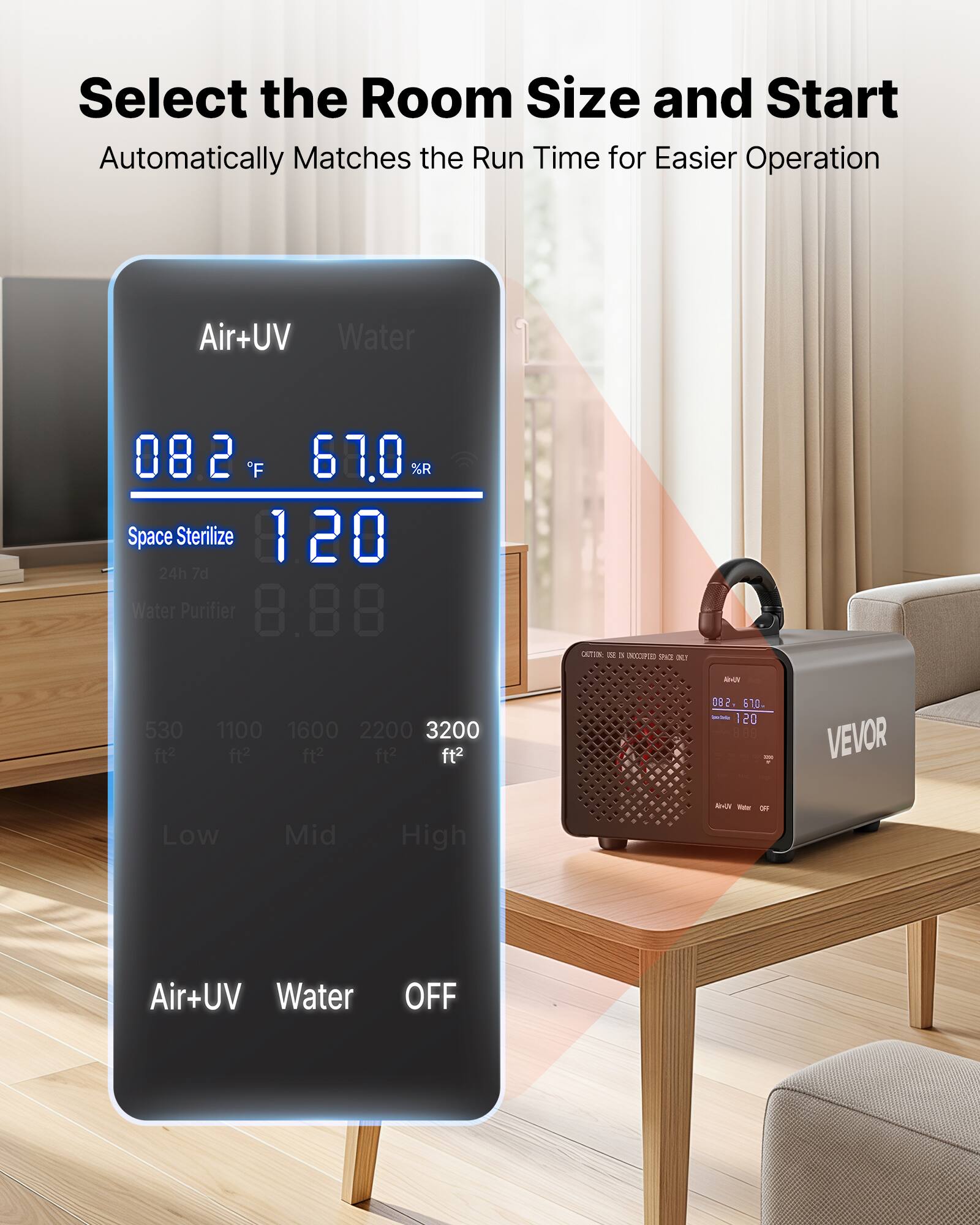Select the Room Size and Start  
Automatically Matches the Run Time for Easier Operation  

Air+UV Water  
082 F 67.0 %R  
Space Sterilize 120 24h 7d  
Water Purifier 8.88  

ETIS m a NCIRI ina A sevER  
530 ft2 1100 ft2 1600 ft2 2200 ft2 3200 ft2  

VEVOR  
Low Mid High  
Air+UV Water OFF