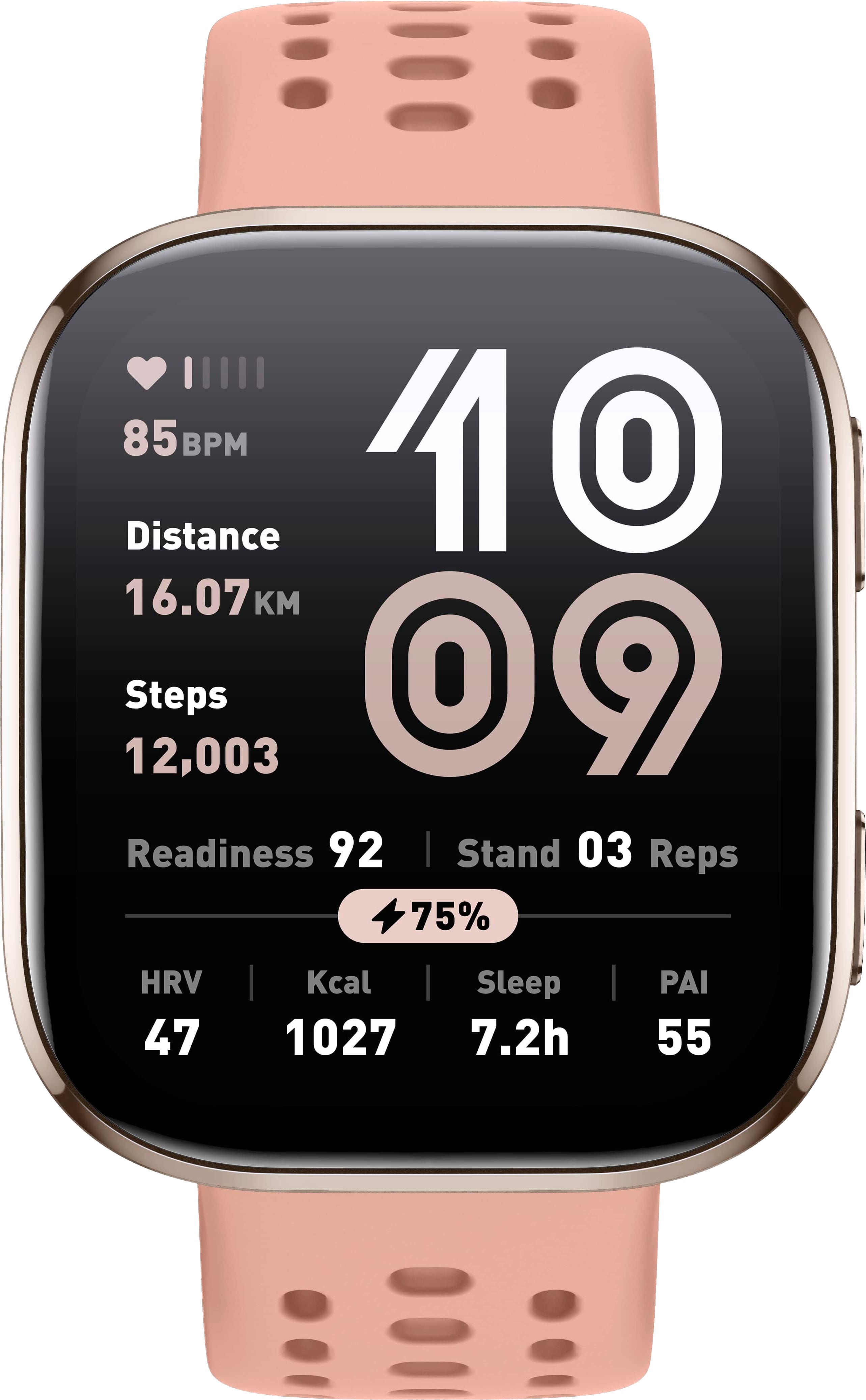 The text on the image reads: "85M BPM 10 Distance 16.07 KM Steps 12,003 Readiness 92 | Stand 03 Reps 75% HRV | Kcal Sleep PAI 47 1027 7.2h 55."
