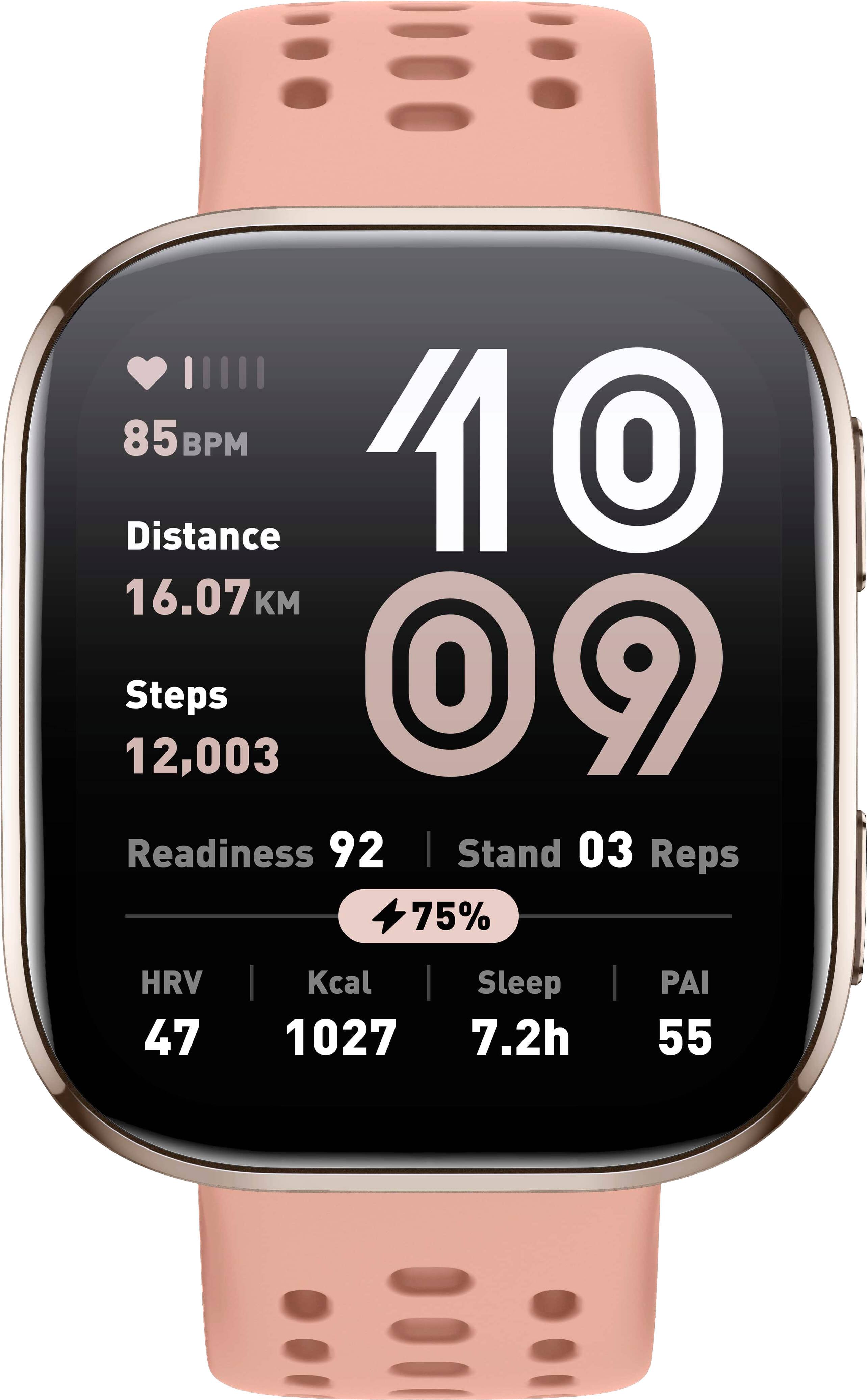 The text on the image reads: "85M BPM 10 Distance 16.07 KM Steps 12,003 Readiness 92 | Stand 03 Reps 75% HRV | Kcal Sleep PAI 47 1027 7.2h 55."