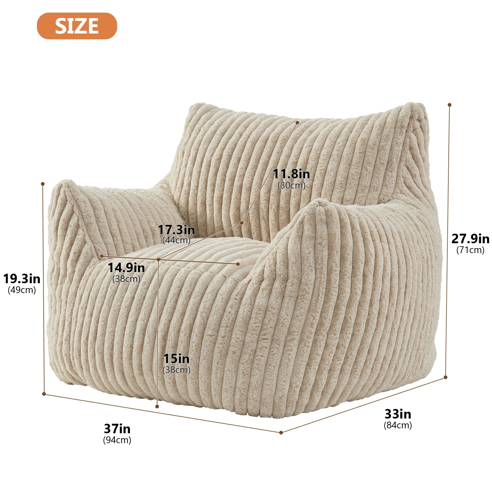 Sure, here is the corrected and grouped text:

- **SIZE**
  - 11.8in (30cm)
  - 19.3in (49cm)
  - 17.3in (44cm)
  - 14.9in (38cm)
  - 27.9in (71cm)
  - 15in (38cm)
  - 37in (94cm)
  - 33in (84cm)