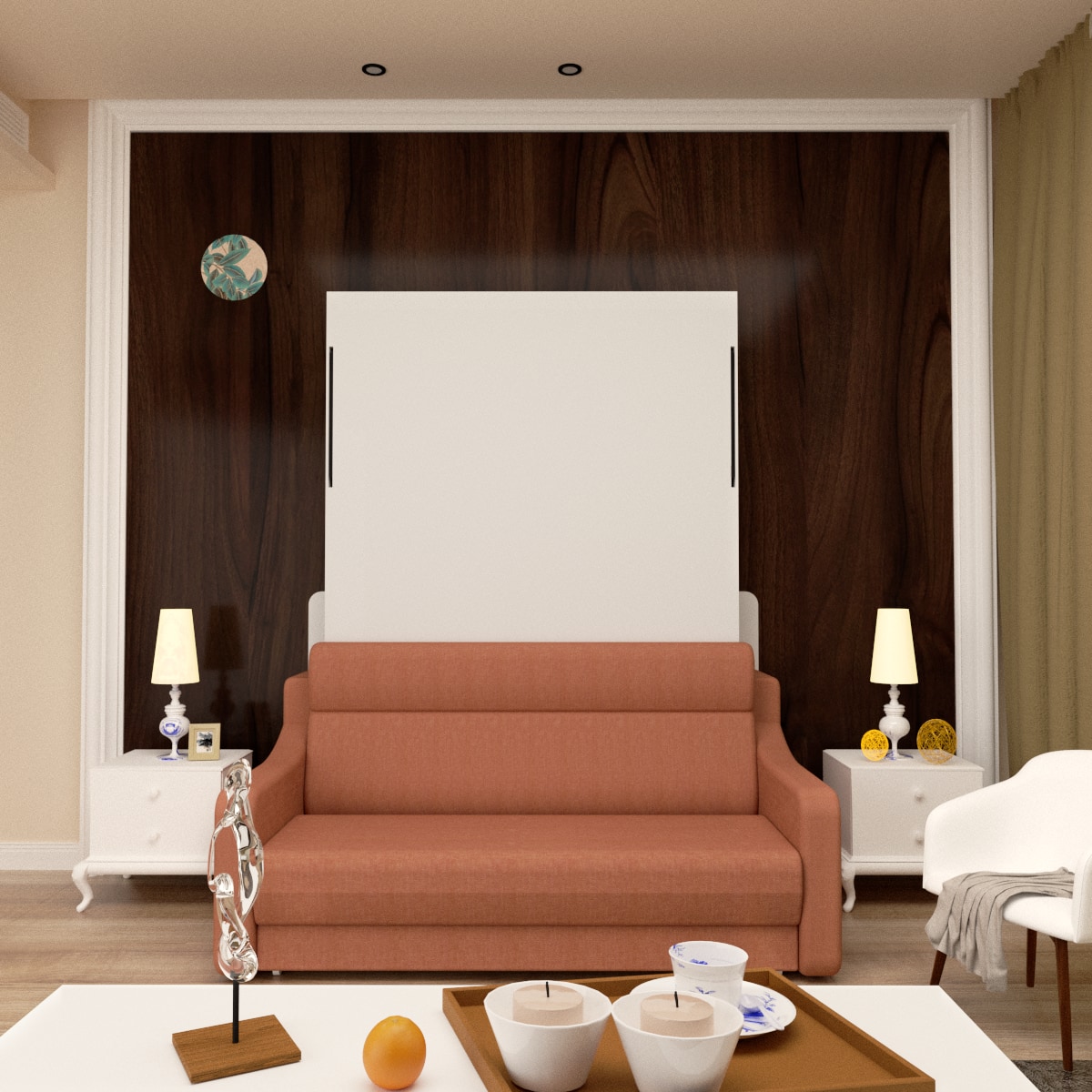 Tiramisubest - Orange Plywood Modern Murphy Bed with Sofa for Bedroom, Space Saving, Easy Assembly - Orange