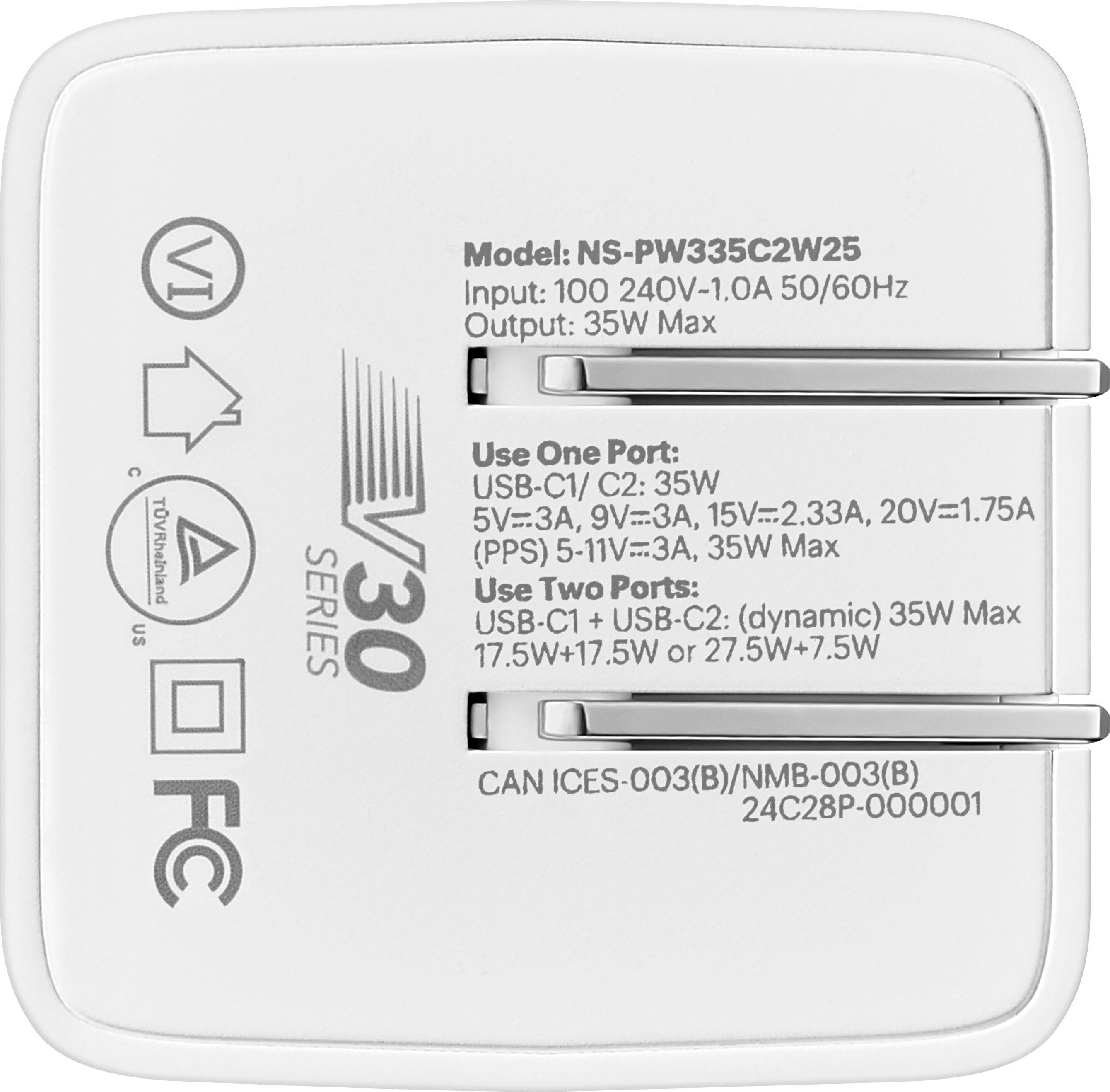 The text on the image reads: "Model: NS-PW335C2W25 Input: 100 240V-1.0A 50/60Hz Output: 35W Max C TVRhelnland US FC Use One Port: USB-C1/ C2: 35W 5V=, 9V=3A, 15V=2.33A, 20V=1.75A (PPS) 5-11V=3A, 35W Max Use Two Ports: SERIES V30 17.5W+17.5W USB-C1 + USB-C2: or 27.5W+7.5W (dynamic) 35W Max CAN ICES-003(B)/NMB-003(B) 24C28P-000001."