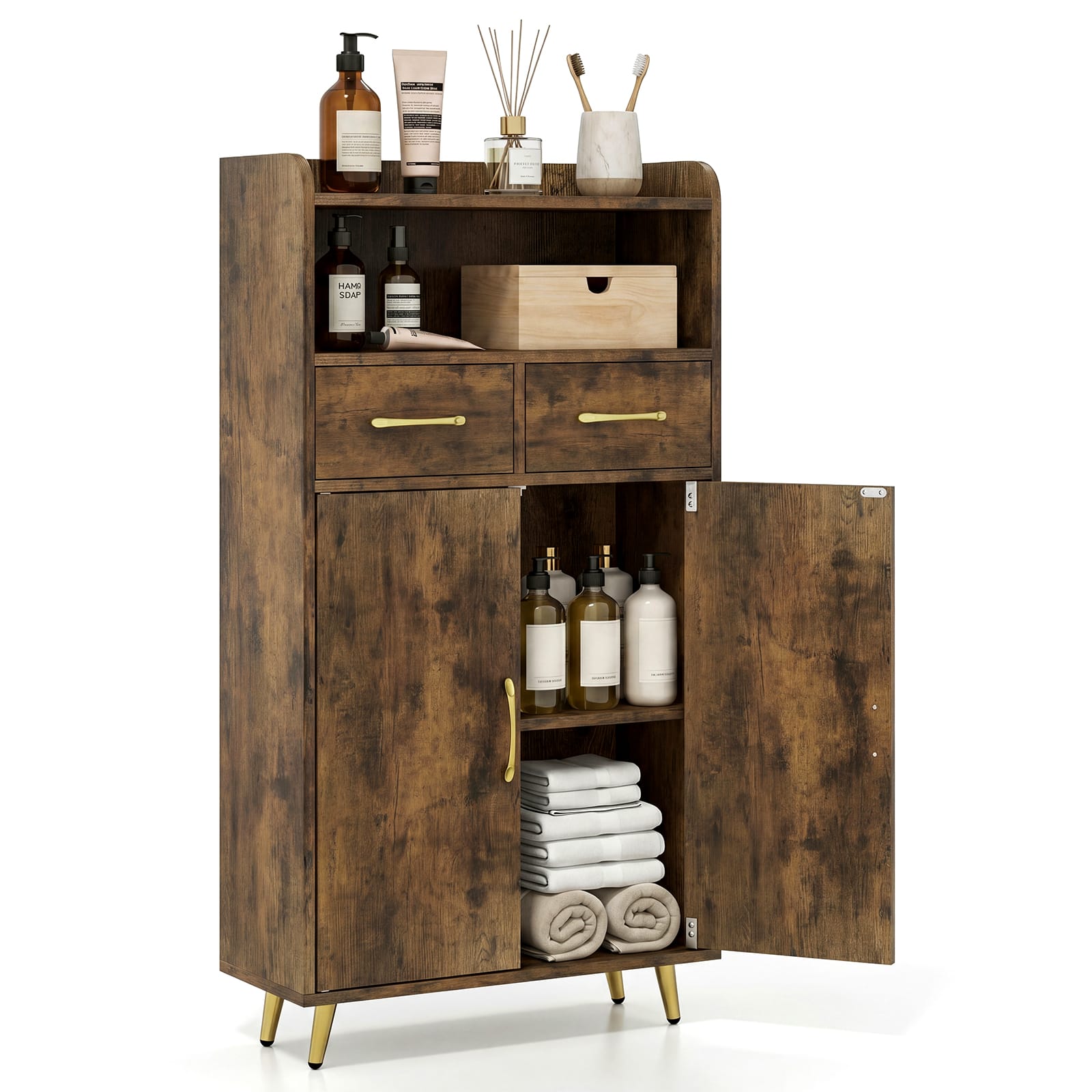 Costway - Bathroom Storage Cabinet with 2 Drawers and 2 Doors, Adjustable Shelf & Metal Legs - Rustic Brown price history on PriceWatchPro